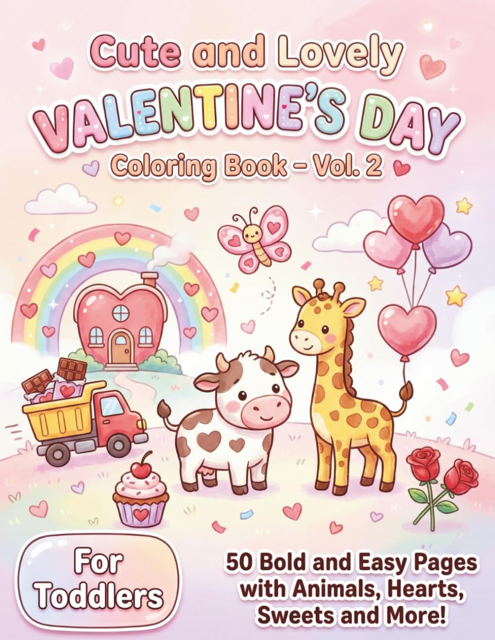 Cute and Lovely Valentine's Day Coloring Book - Vol. 2: 50 Bold and Easy Pages with Animals, Hearts, Sweets and More for Kids