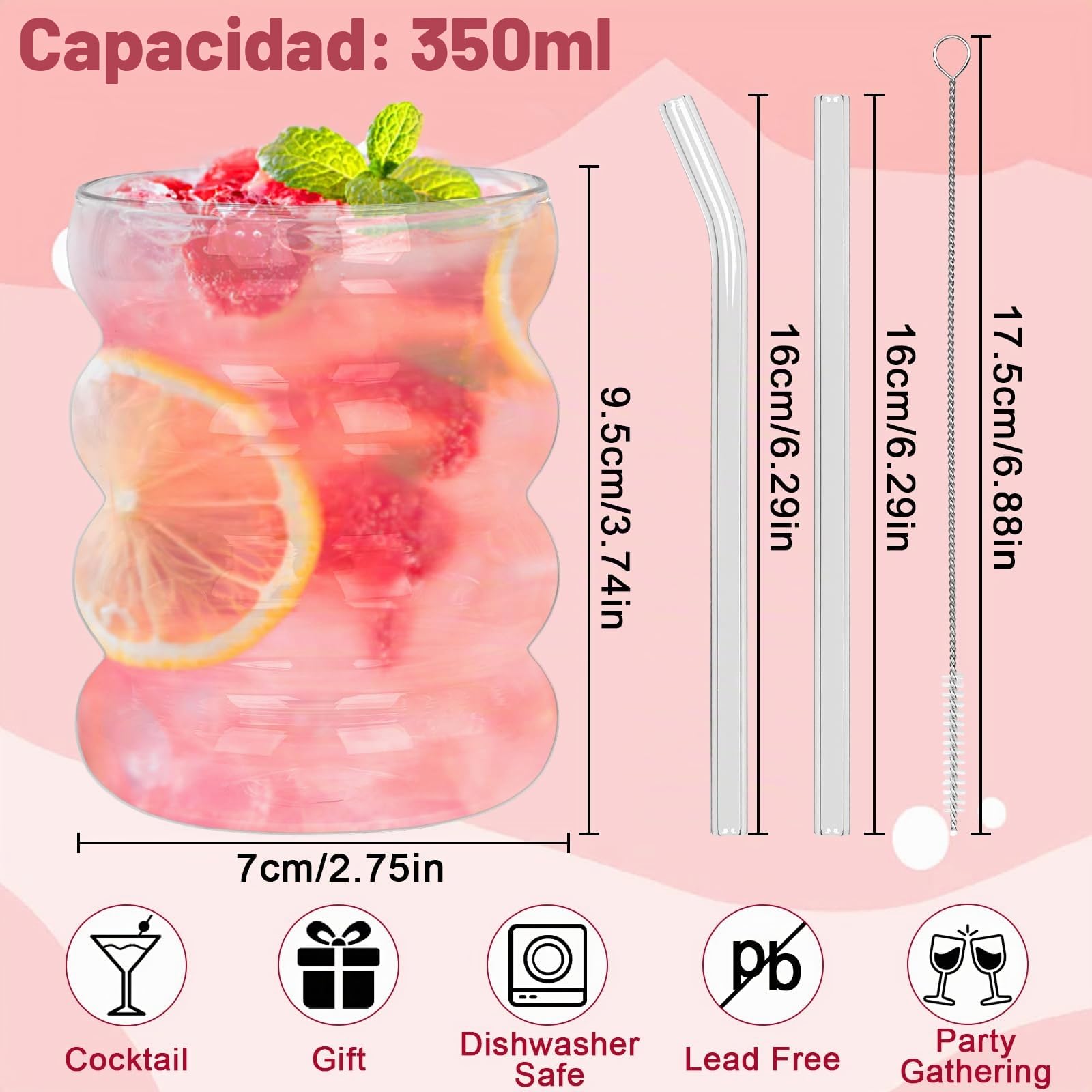 Vasos acanalados, 4 vasos de café, vasos de burbuja de 350 ml, juego de vasos acanalados, vasos universales con pajitas de cristal y cepillos para cócteles, leche, refrescos, café