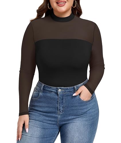 Plus Size Mesh Top for Women Sheer Mock Neck Long