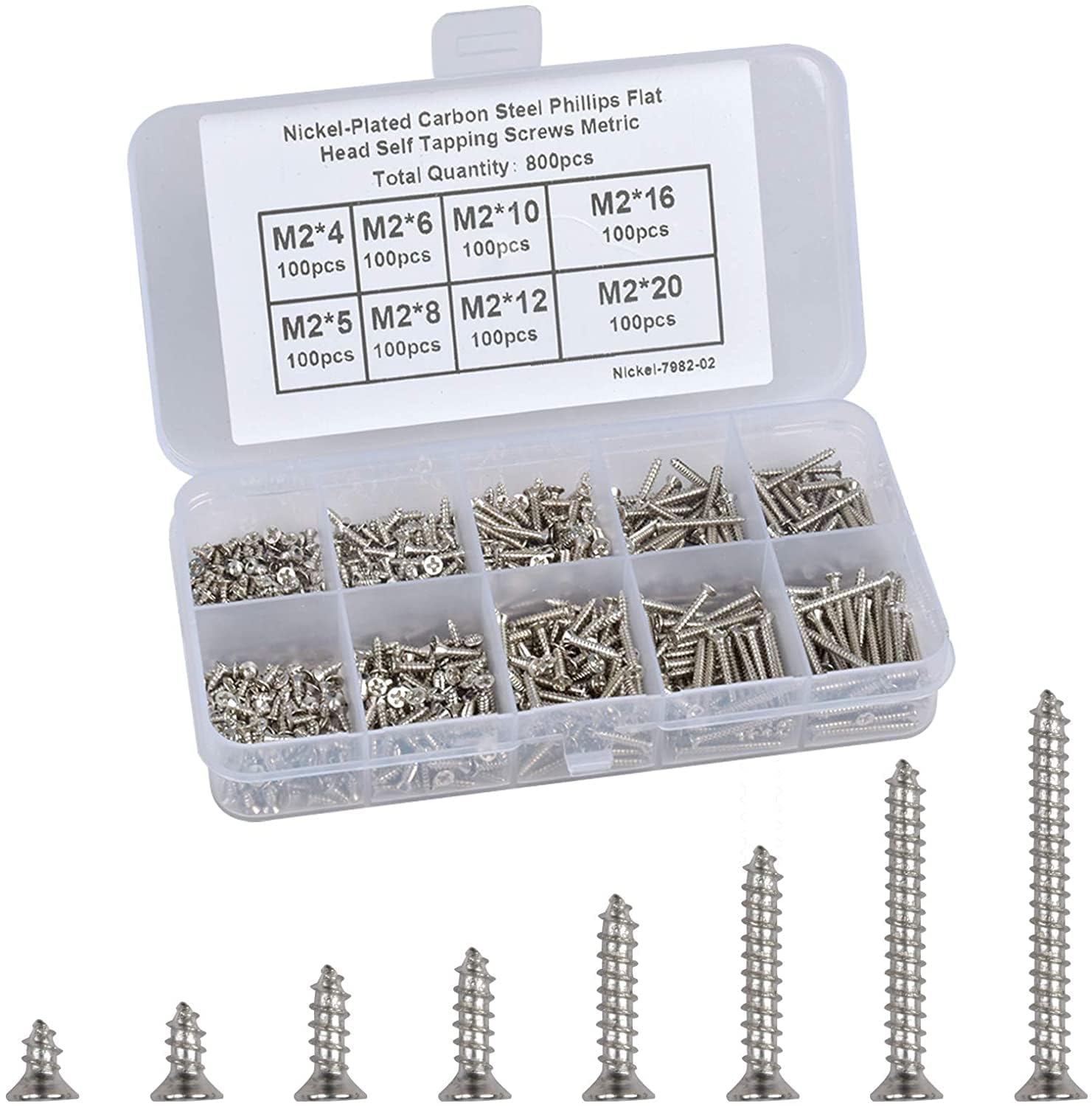 Khazna 800 Packs M2 Screws Set, Phillips Flat Head Self-Tapping Screws, M2 Cross Head Countersunk Self Screws Assortment, Wood Screws Kit, Multi-Purpose Metal Screws Set with Storage Box