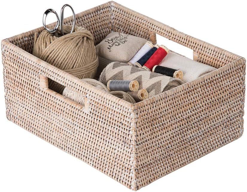 Kouboo La Jolla Rattan Shelf Handles White-Wash Storage Basket Bundle with 1060080 Basket