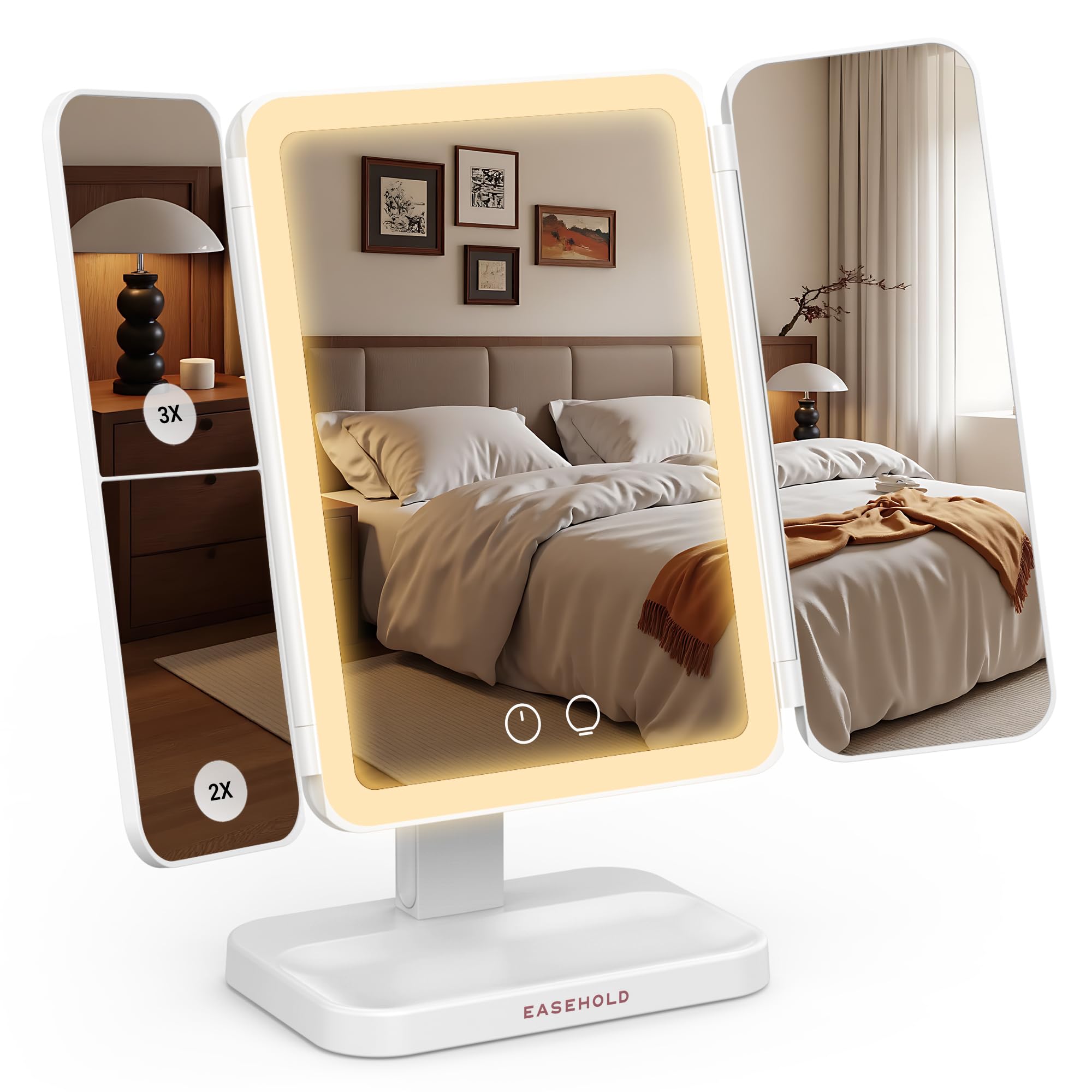 EASEHOLD Rechargeable Trifold Vanity Mirror with 64 LED Lights, 3 Colour Lighting & Stepless Dimming, 1X/2X/3X Magnification, Cordless Lighted Makeup Mirror for Travel, Desk, Bedroom – Gifts for Women