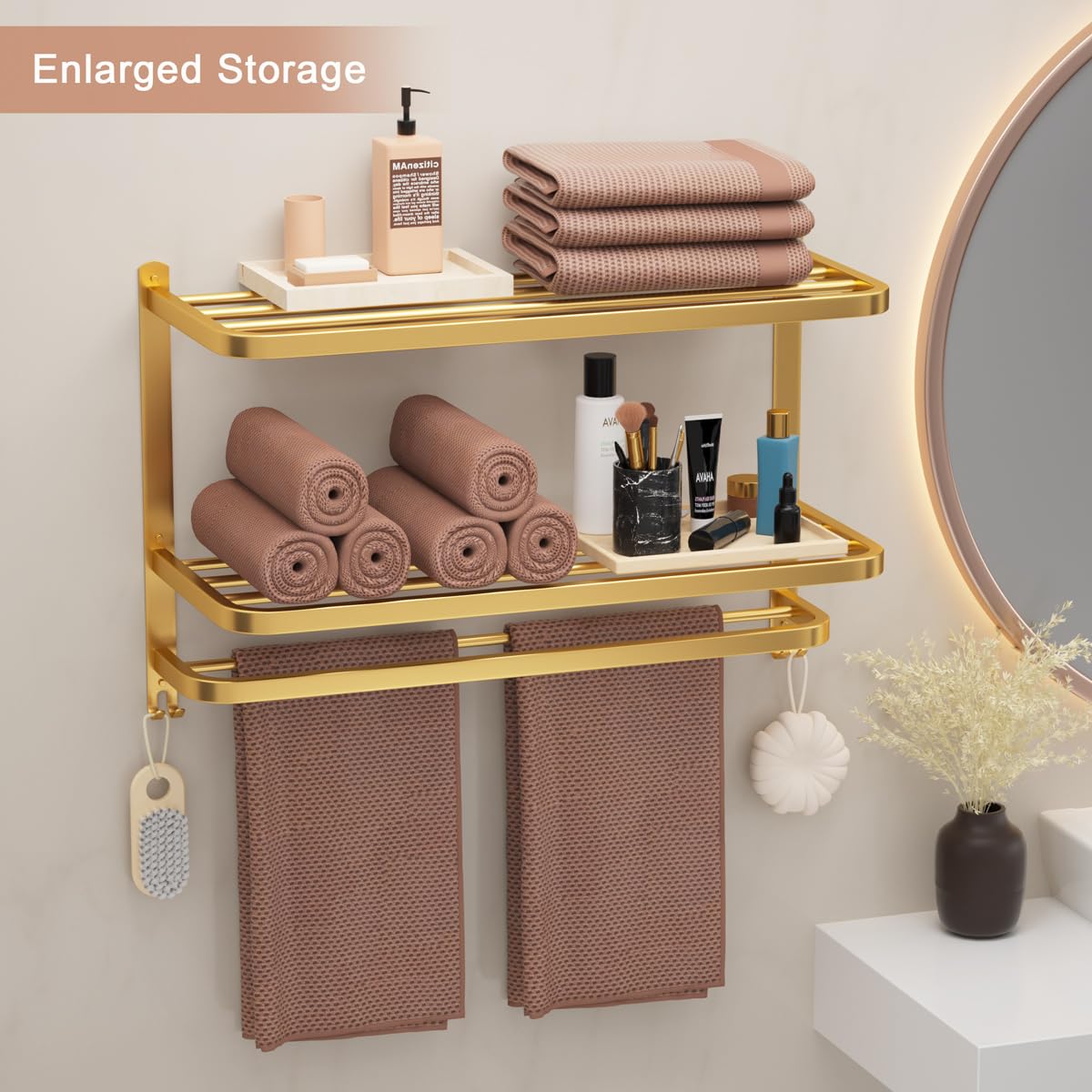3-stöckige goldene Handtuchhalter für Badezimmer mit Handtuchstangen Mehrschichtiges Hotel Handtuchregal Edelstahl Wandmontage Gebürstete Oberfläche Halter mit Handtuchregalen 58.4 cm