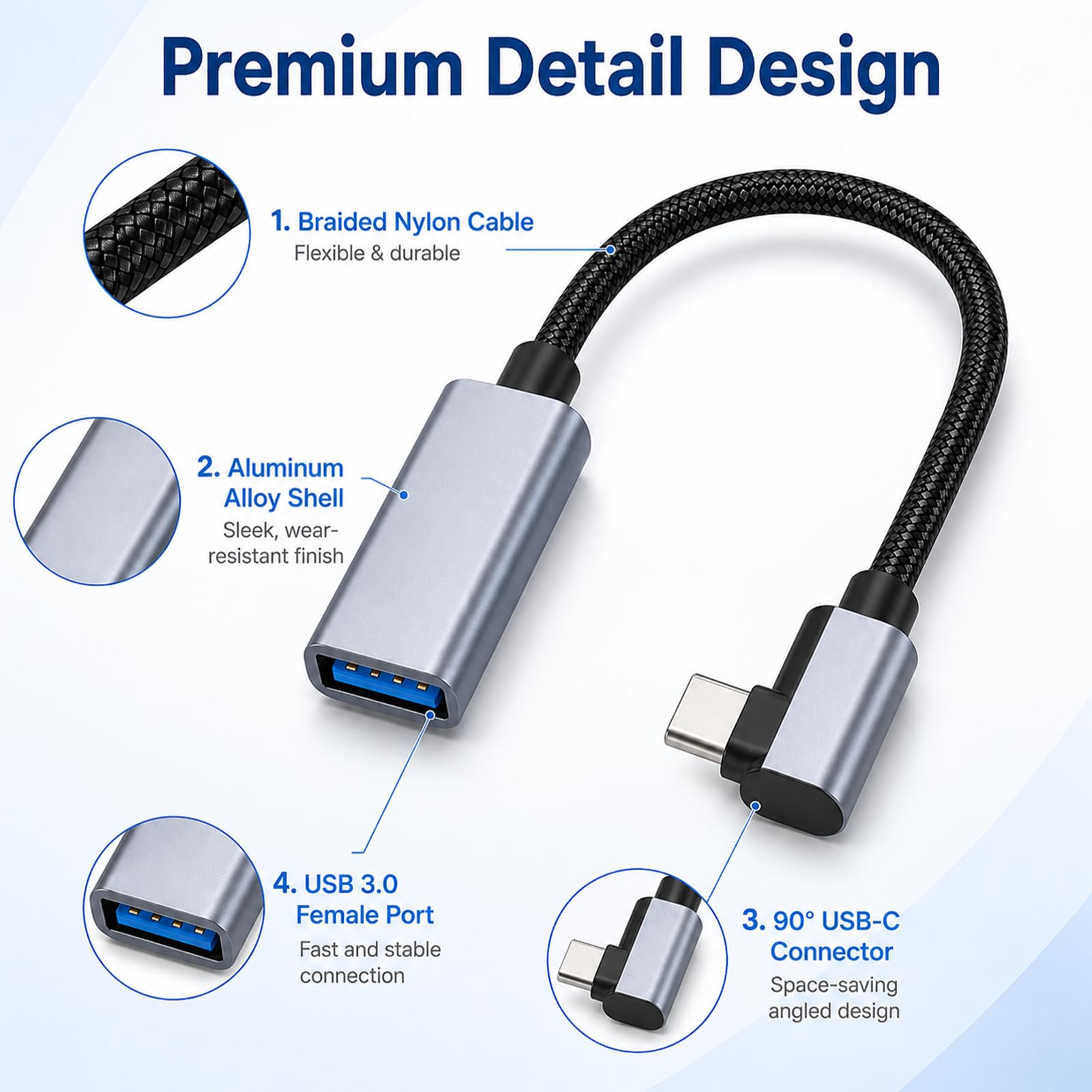 USB-C OTG Kabel, OTG Adapterkabel USB C 30cm 3.0 mit 90 Grad Winkel Typ C Stecker auf USB Buchse Konverter für Smartphone Tablet Laptop MacBook Tastatur Maus Hub Geräte, Datenübertragung bis 5Gbps