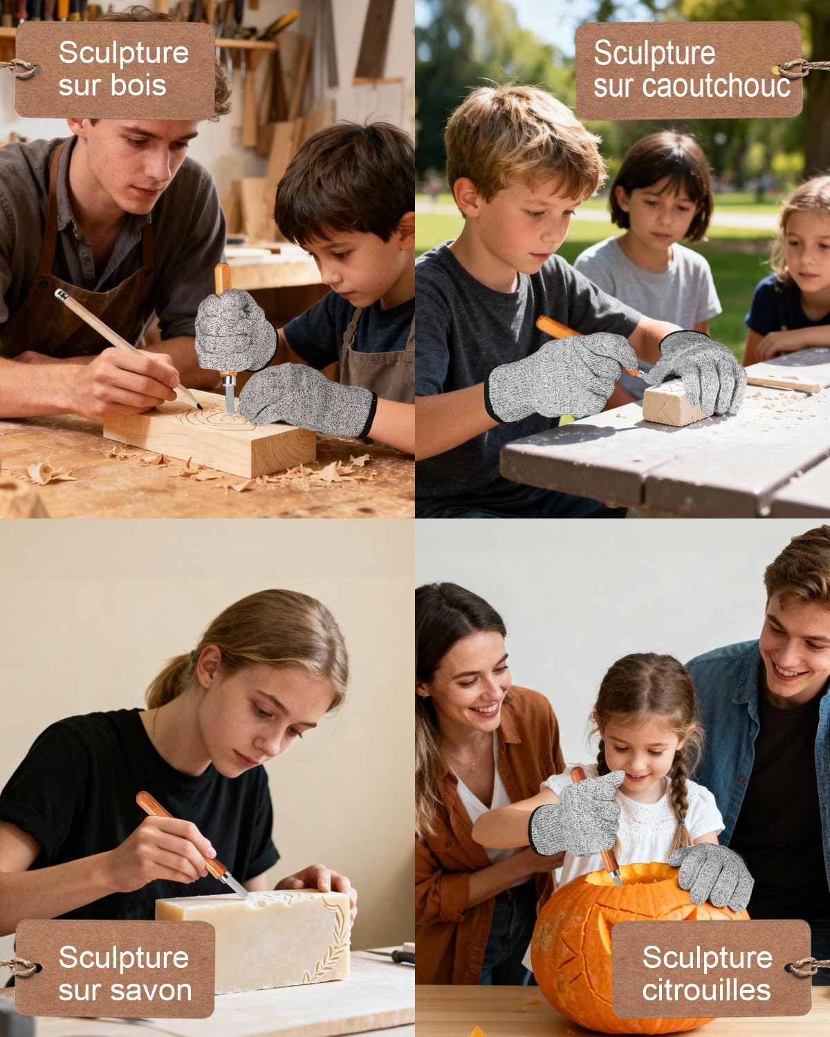 MAIKEHIGH Kit d'outils de sculpture sur bois 16Pcs,Ciseaux à Bois pour bricoleur Sculpture Experts en charpentier et débutants avec Gants Anti-coupures