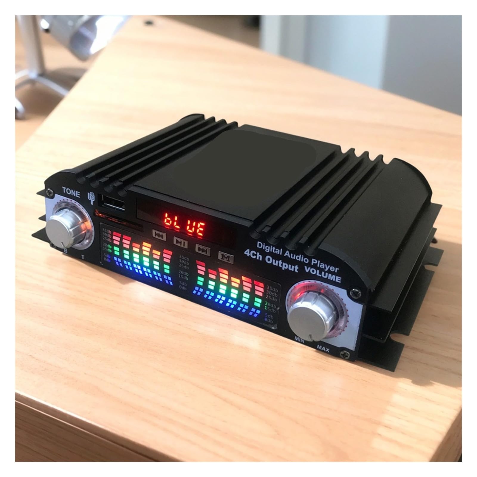Amplificateur numérique 4 canaux, Puissance de crête 1600 W, Compatible USB et Bluetooth, Mini chaîne Hi-FI stéréo Compact et Intelligent
