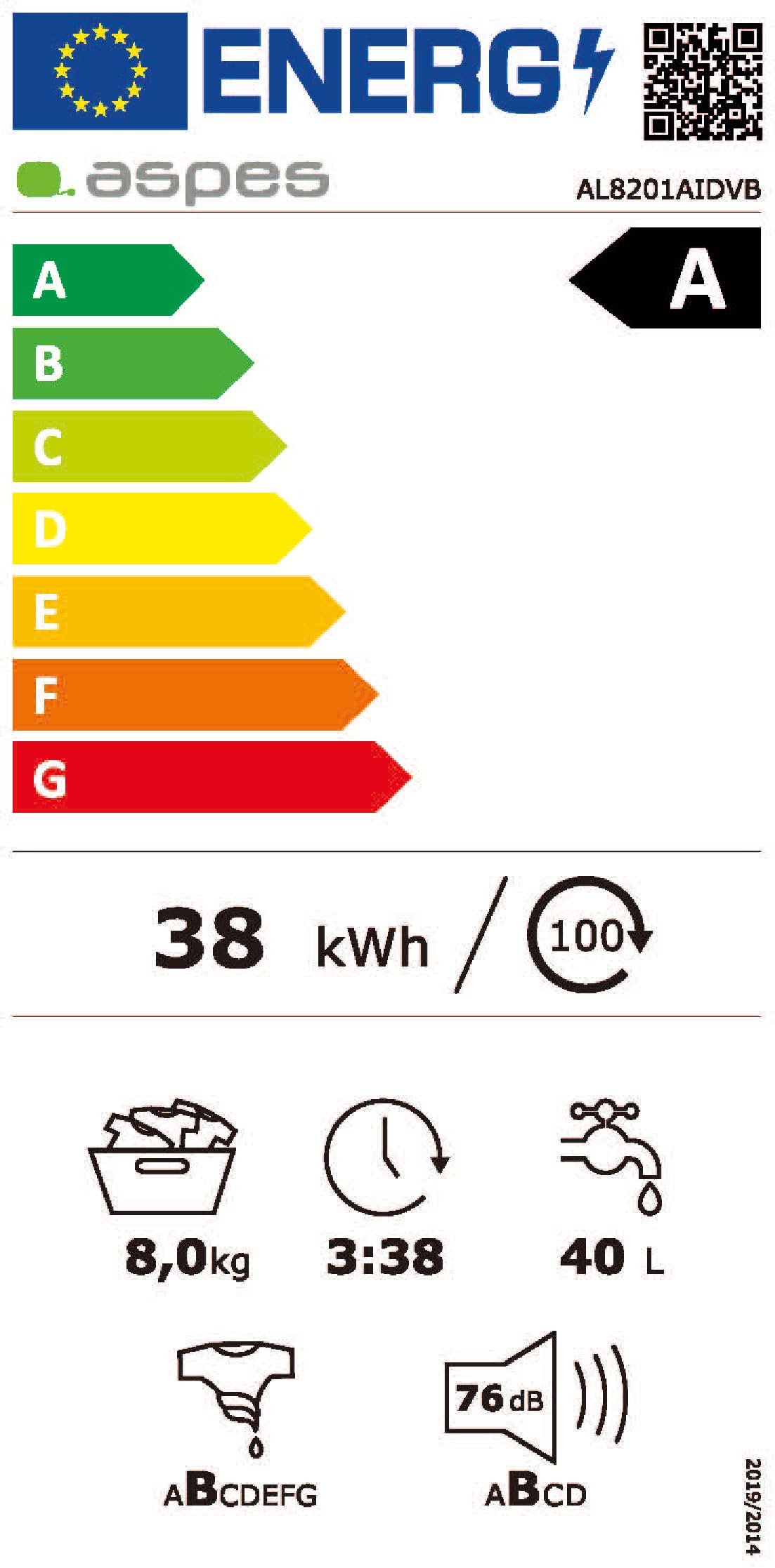 Aspes Lavadora 8 Kg Carga Frontal, Blanco, AL8201AIDVB. 1200 rpm, Motor Inverter, 12 Programas, Tambor Acero Inoxidable, Clase de Eficiencia Energética A