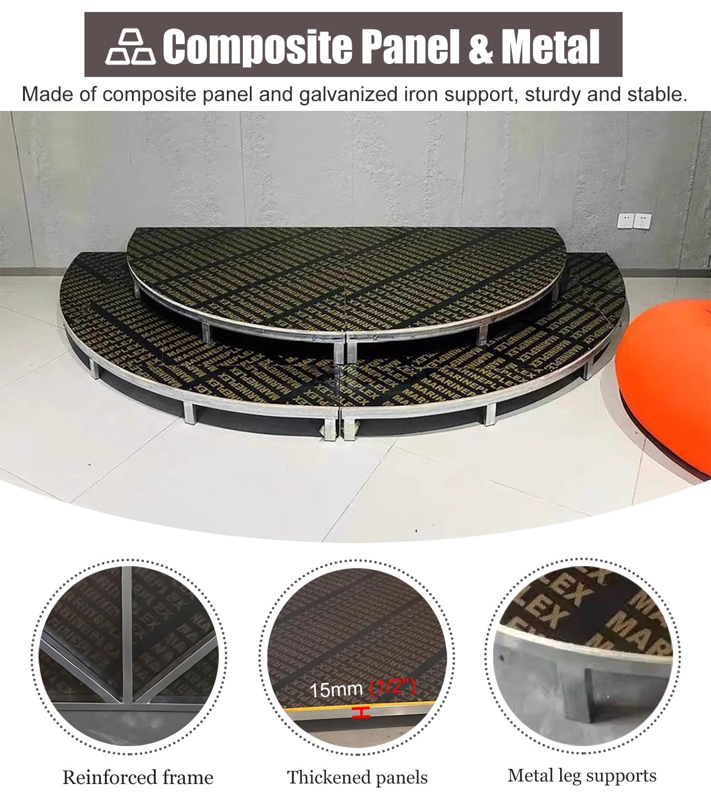 Plataforma semicircular de escenario, elevador portátil de rendimiento con zócalo para conciertos, discursos y eventos