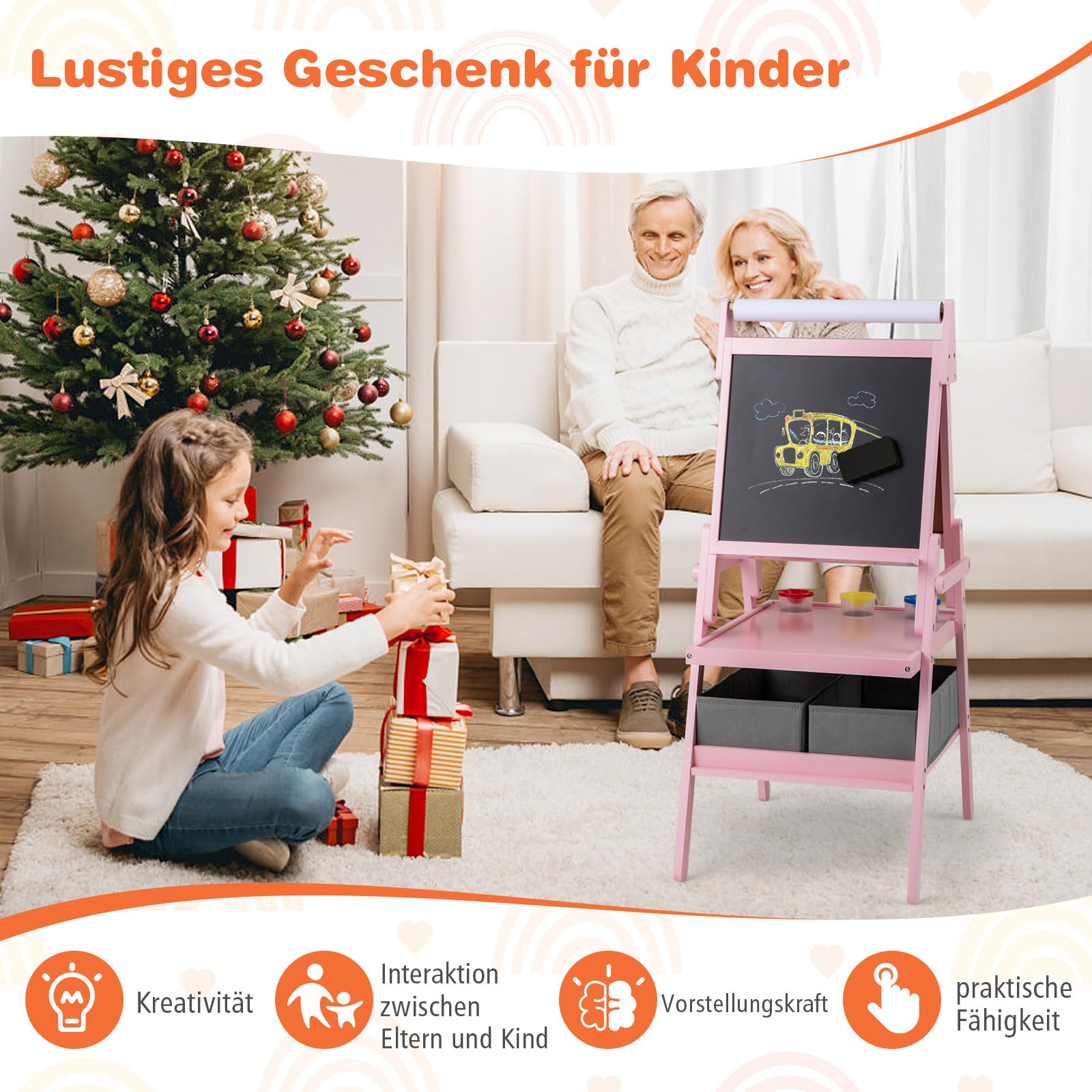 COSTWAY 3-in-1 Tafel Kinder, doppelseitige Kindertafel mit Papierrolle & magnetischer Kreidetafel & Whiteboard, inkl. 3 Farbbechern & 2 Boxen, Staffelei für Kinder ab 3 Jahren (Weiß)