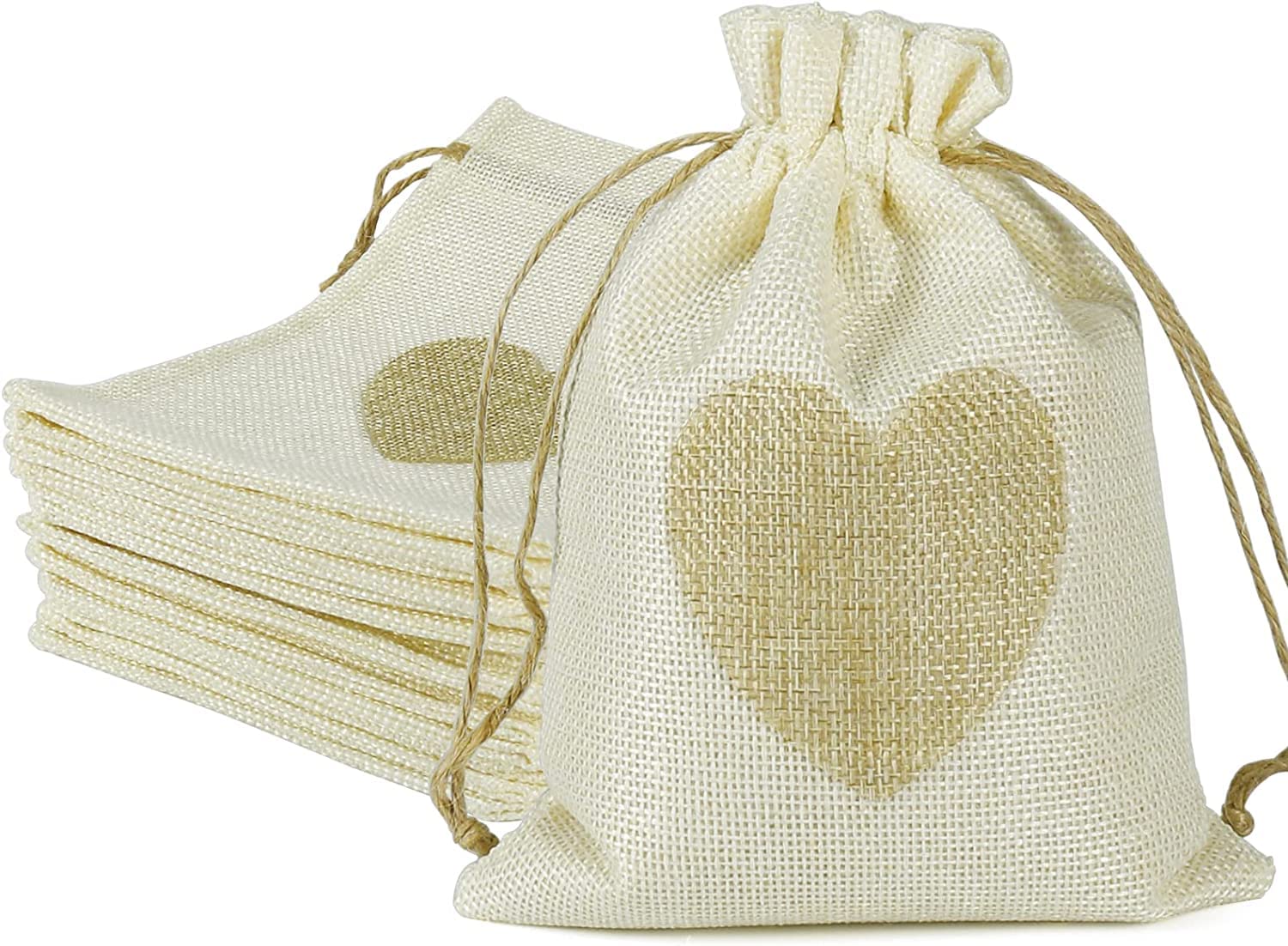 ELECDON Candy Bags, Gift Bags, 20Pcs Drawstring Burlap Bags with Heart, 5x7" Jewelry Candy Pouches, for Wedding, Baby Shower Party Favors DIY Craft, Grain, Spice Storage Bags, Small Object Storage