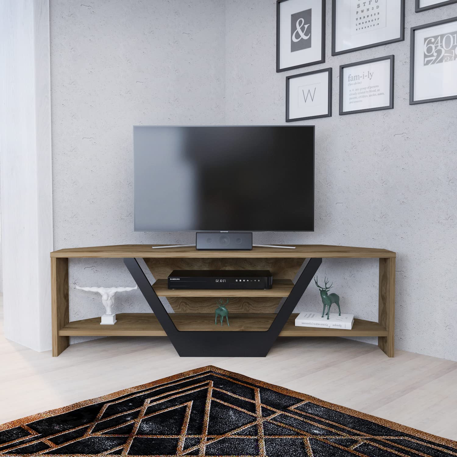DECOROTIKA Sares Meuble TV d'angle Moderne avec étagères de Rangement Ouvertes pour Salon, Chambre à Coucher, Meuble TV – Oud et Noir