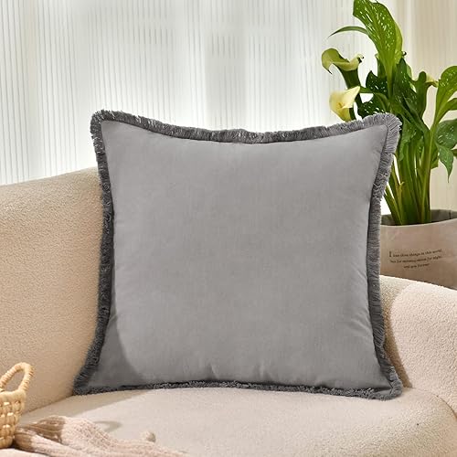 Miniatura 2 de ZWJD Juego de 2 fundas de almohada de 18 x 18 pulgadas, color gris, con flecos, de algodón, decorativas, cuadradas, para sofá, cama, sala de estar,