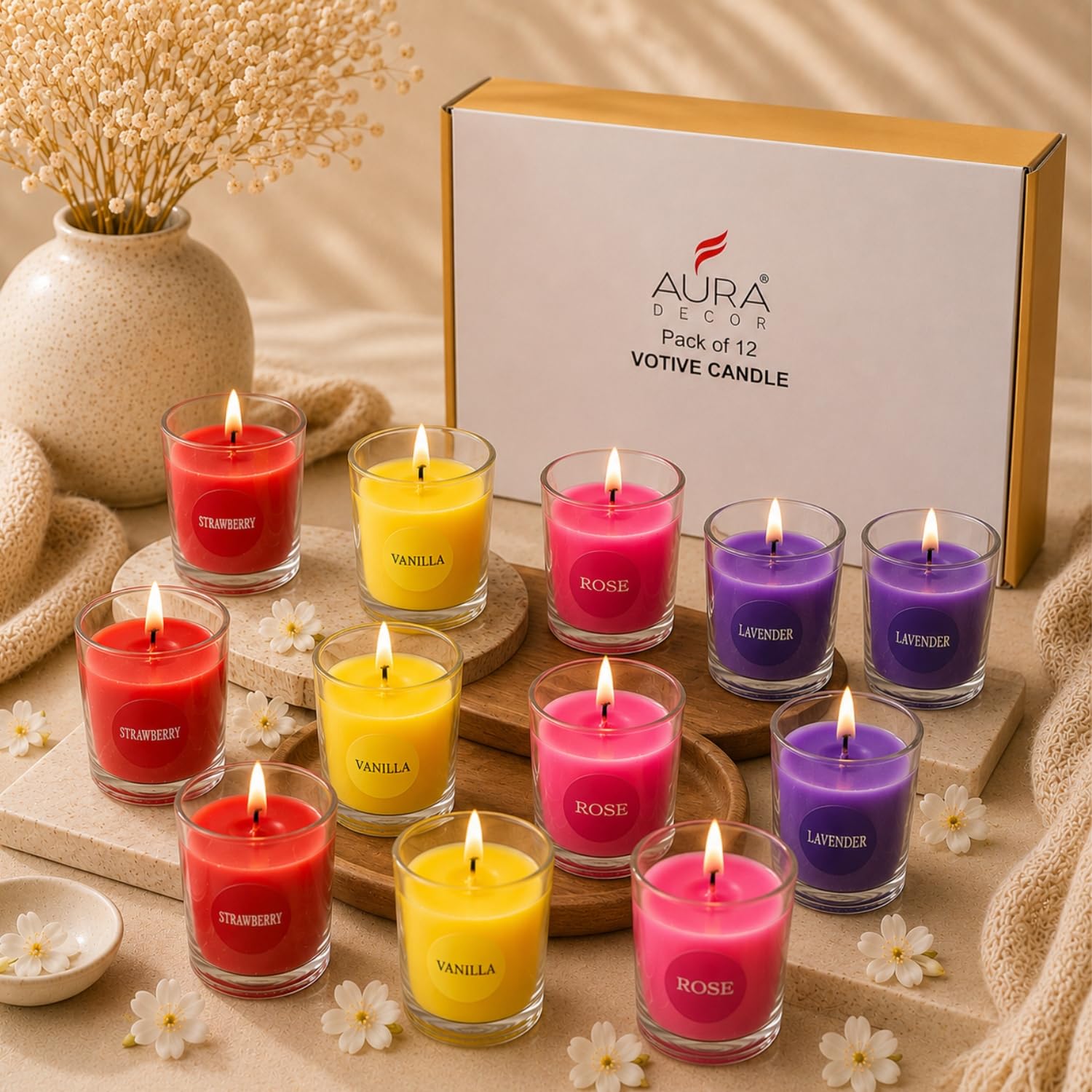 AuraDecor Set of 12 Fragrance Votive Glass Candles || Aromatheraphy || Corporate Gifting || Aroma Gift Set || Hand Poured Candle || Burn Upto 10 Hour-image-5