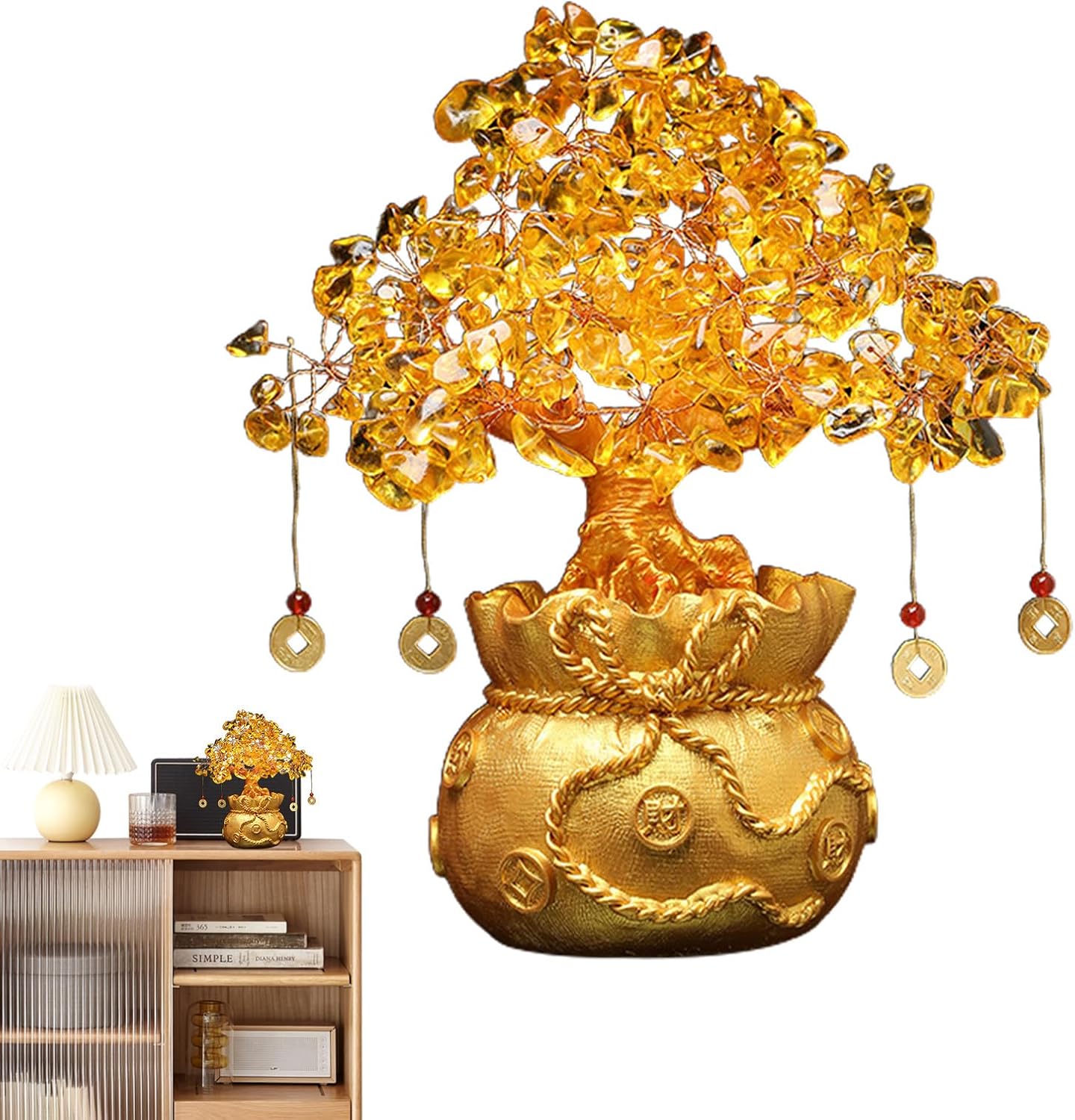 Lucky Charm Crystal Money Tree with Citrine Gemstone - Lucky Bonsai for Wealth and Success - Shiny Coin Decoration for Table Desk Shop Home