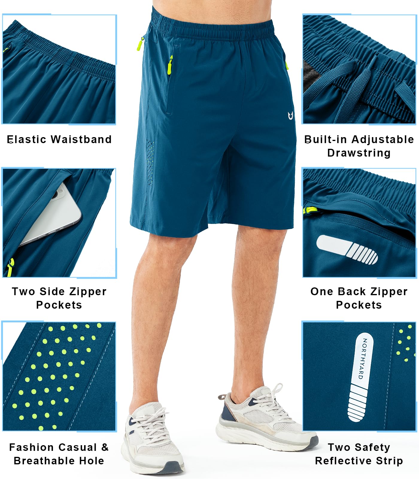 NORTHYARD Męskie sportowe spodenki do biegania szybkoschnące spodenki treningowe 17,8 cm/12,7 cm/23 cm lekkie sporty siłownia koszykówka tenis piesze wycieczki, Seablue, L