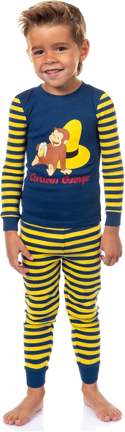 INTIMO Curious George Toddler Boys' Tight Fit Character Banana Striped Sleep Pajama Set Long Sleeves Pants