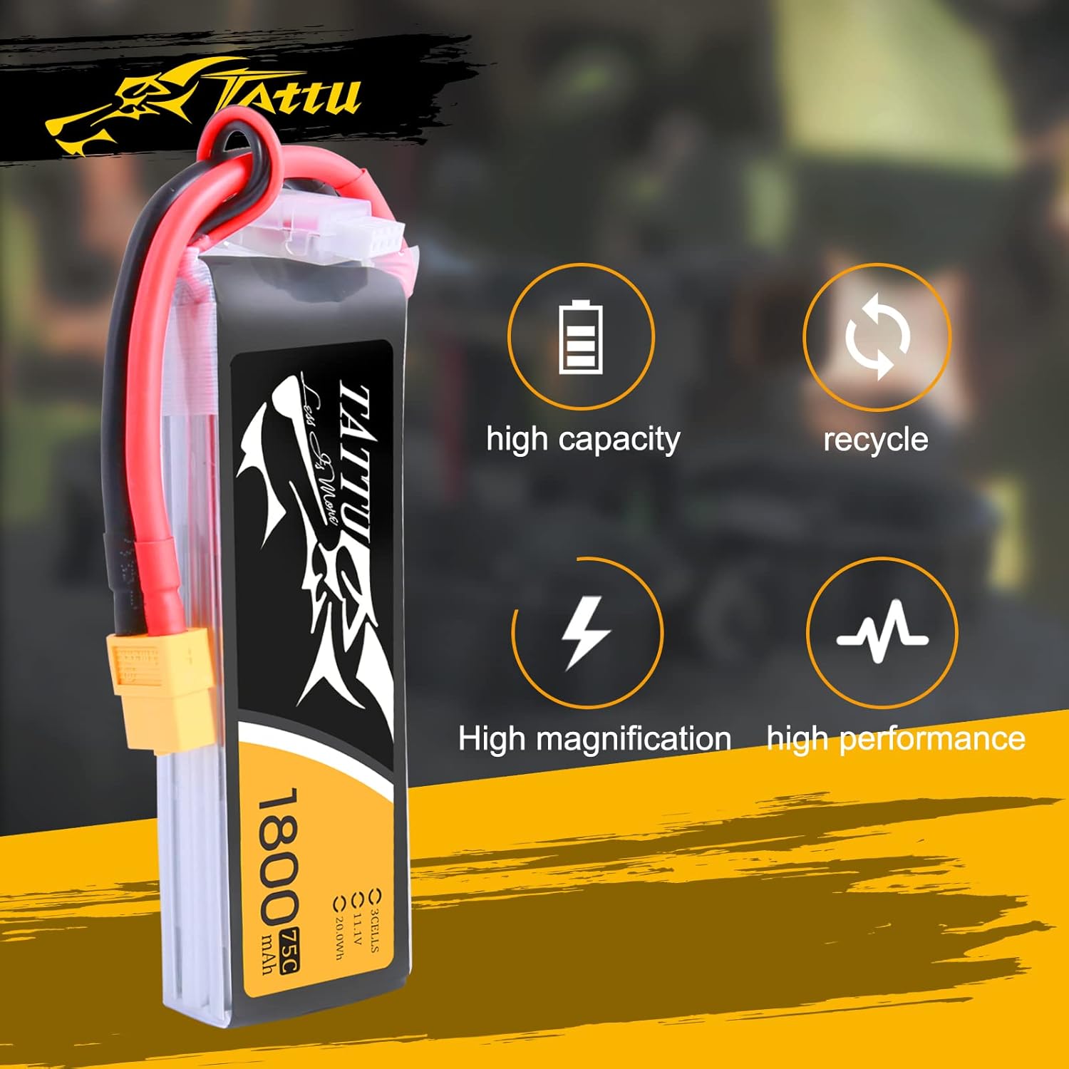 TATTU 11.1V 1800mAh 75C 3S LiPo Battery Pack with XT60 Plug for RC Helicopter Airplane Drones FPV