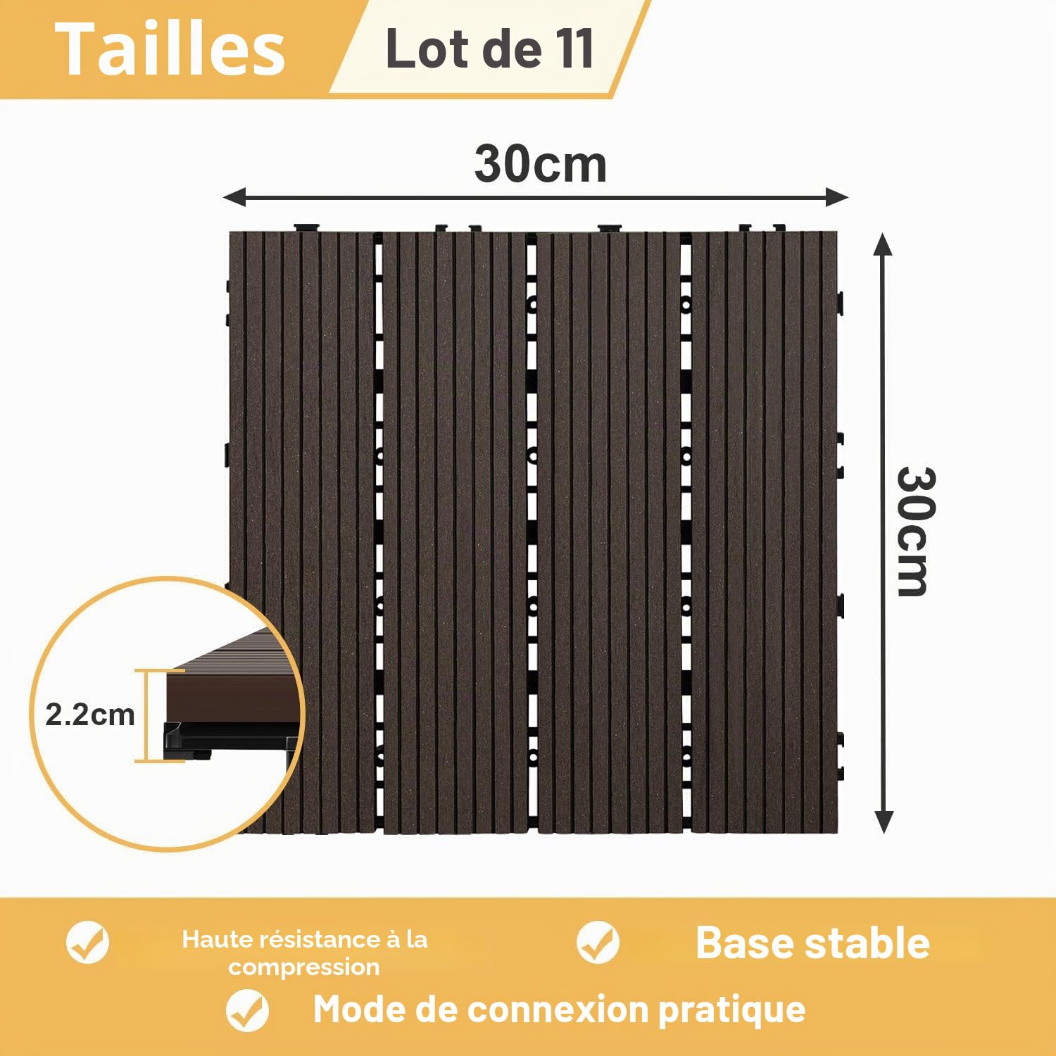 Dalles de terrasse en WPC 30 x 30 cm, couleur Café, 11 pièces (1 m²) avec système d'emboîtement, dalles de balcon résistantes à l'humidité aspect bois