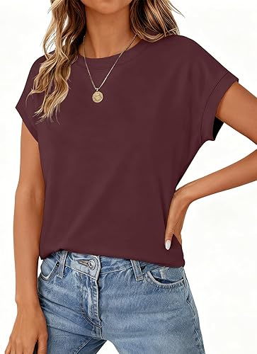 Brown Tops for Women Crop Tops Cap Sleeve T Shirt Cotton Crewneck T Shirts for Women Loose Fit 2026