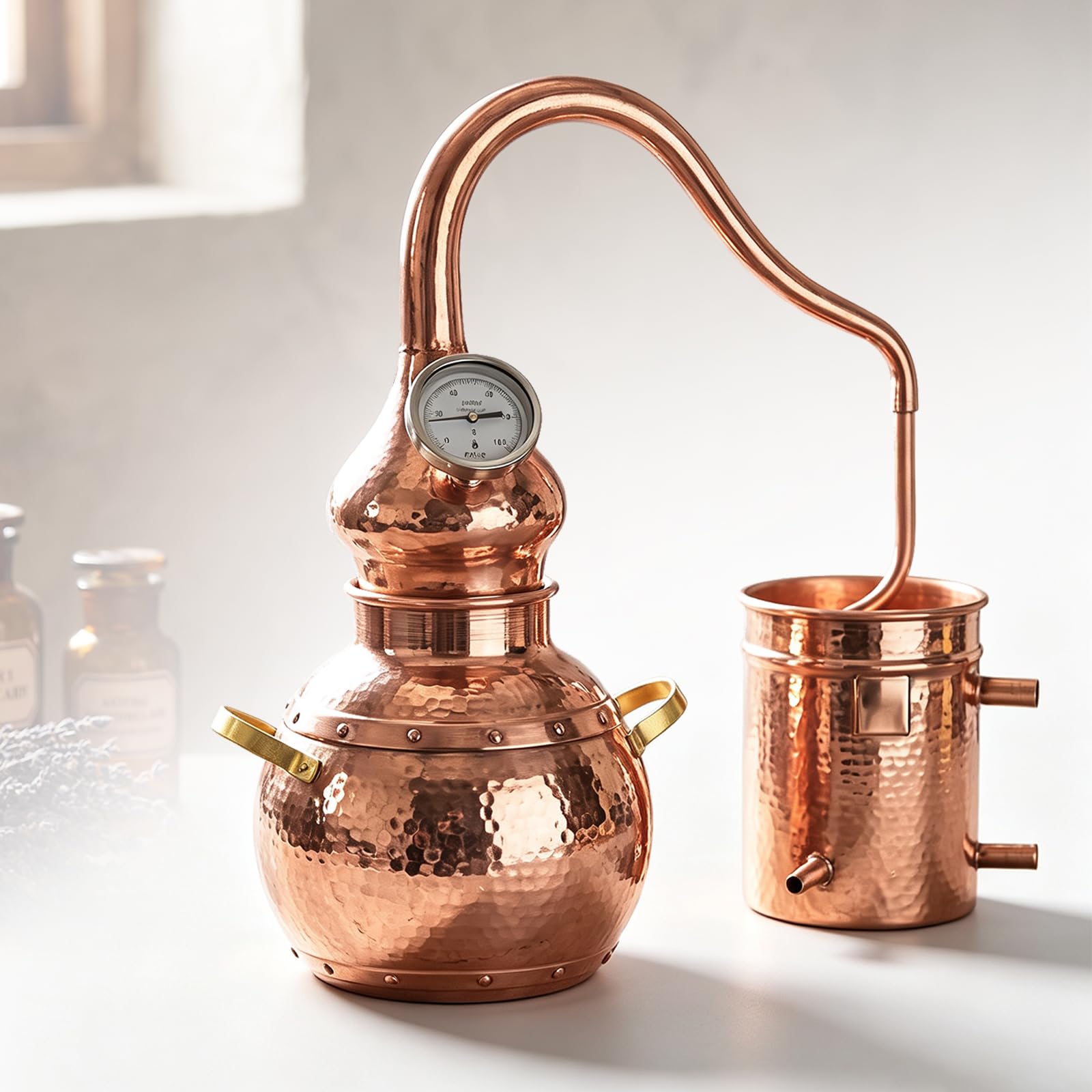 3-Liter-destillierapparat Aus Reinem Kupfer, Heimbrau-destillierset, DIY-heimbrennerei-destillierset Mit Thermometer, Für Whisky, Moonshine, Ätherische Öle, Hydrolate Usw.