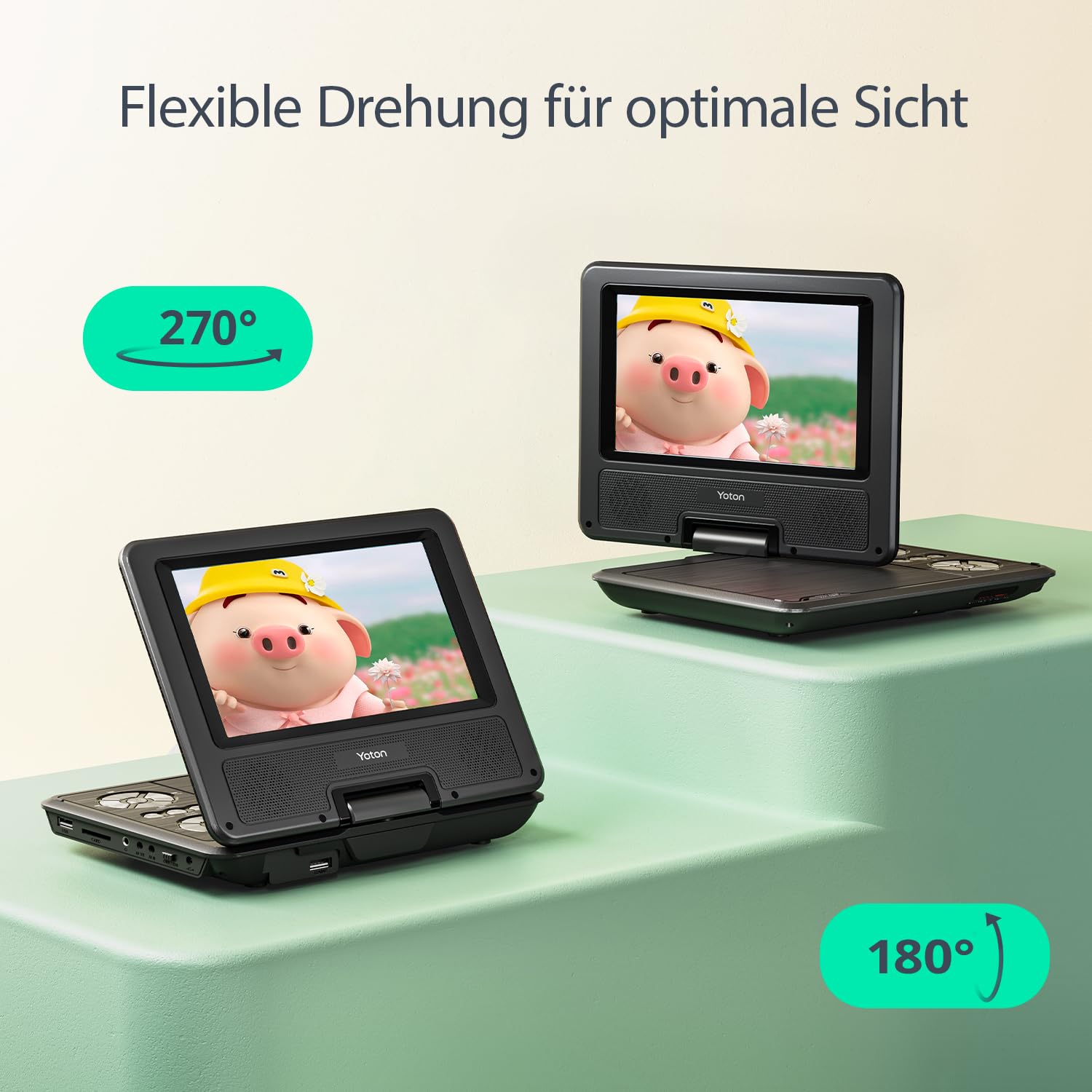9,5" Tragbarer DVD-Player für Kinder im Auto mit 7,5" HD-Schwenkbildschirm, Stereo-Lautsprechern, 6 Stunden Akkulaufzeit, Sync-TV/USB/SD-Karte-Unterstützung [Kein Blu-ray Support]