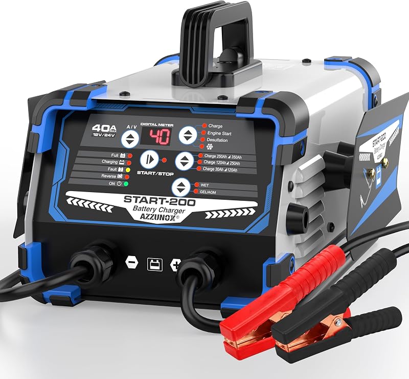 12V/24V Car Battery Charger Maintainer, Max 40A Fast Charging | 200A Cranking Engine Starter, Auto Battery Maintainer, Desulfator, Repair & Winter Modes for AGM Gel Deep Cycle Batteries