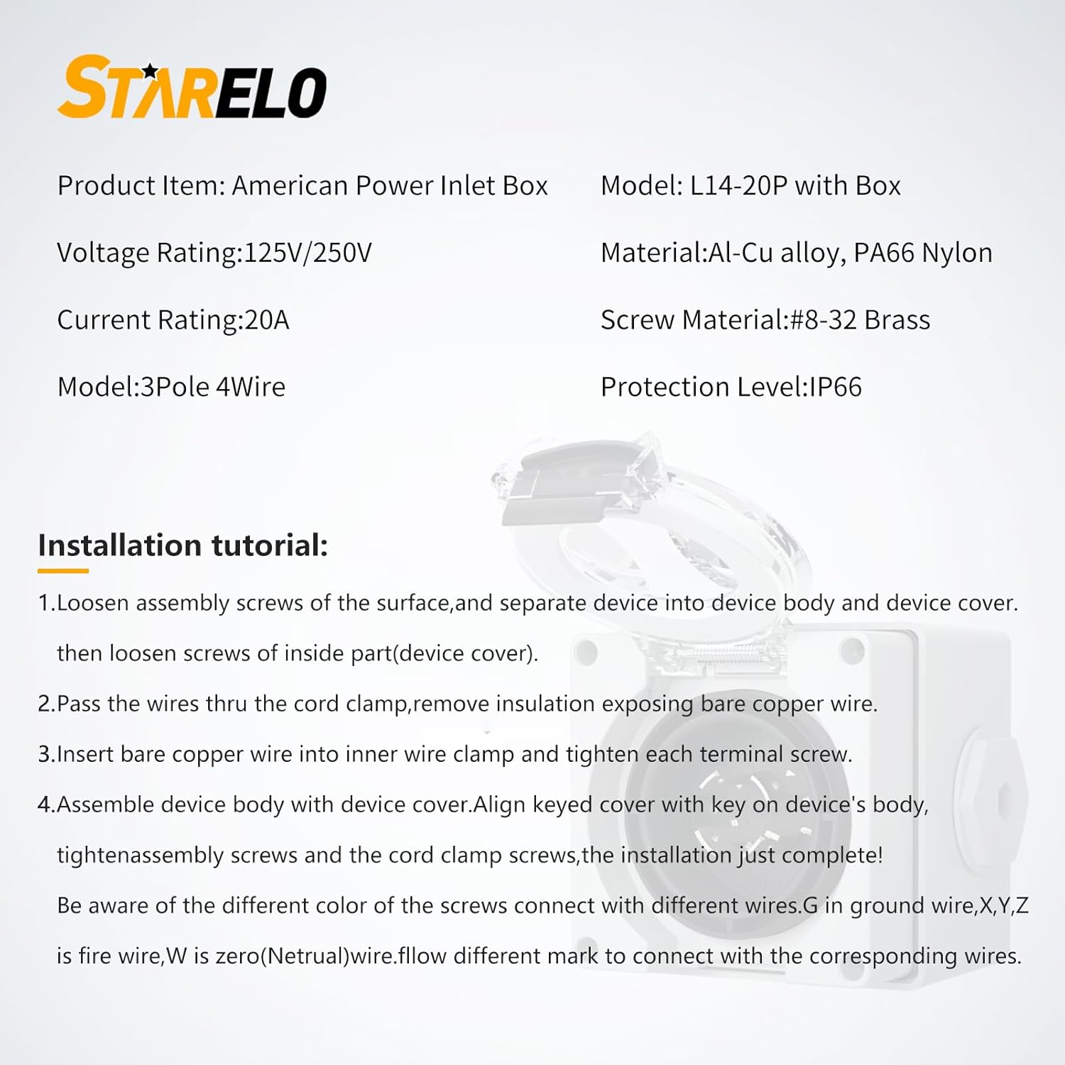 STARELO 20 Amp Power Inlet Box NEMA L14-20P Generator,125/250 Volt,Outdoor dustproof and Weatherproof for generators, Welding Machines, etc.ETL Listed.(NEMA L14-20P Box)