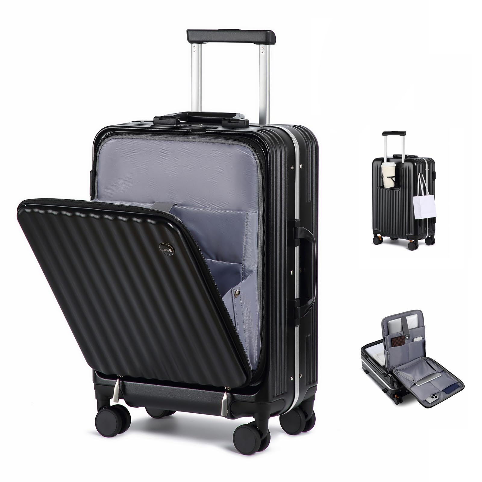 Sea choice Set di 2 Valigie Trolley in PC Bagaglio a Mano Set 2 Pezzi Valigie Rigide con 4 Doppie Ruote a 360° et Chiusura TSA 55cm/78cm con Ricarica USB, Porta bicchieri Nero Set di valigie 2pzs(55/78cm)