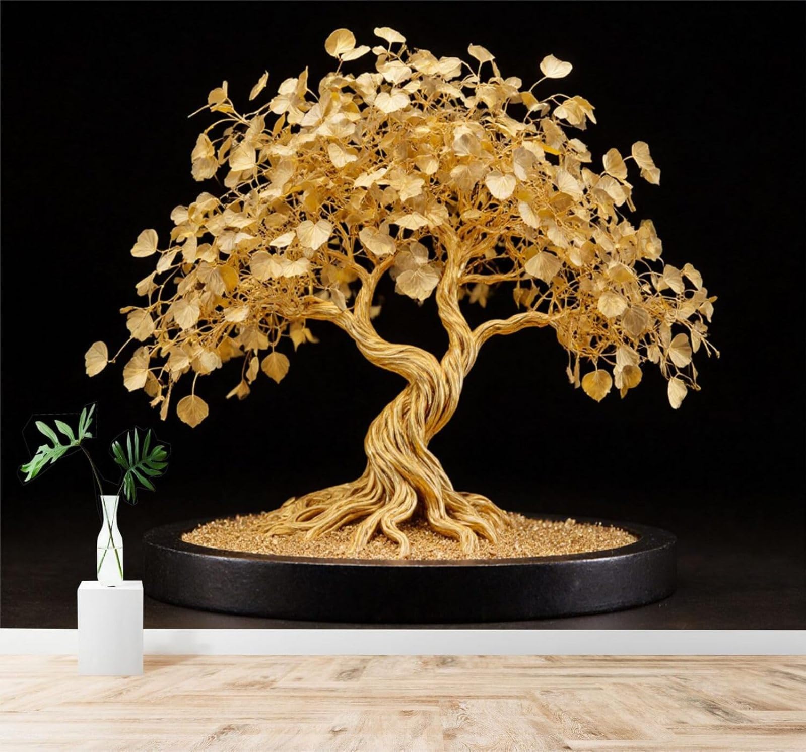 XLMING Minimalist Three Dimensional Luxurious Golden Trees Golden Leaves 3D Wallpaper Silky Texture Home Study Office Grey Dining Room Sofa Bedroom Living Room TV Backdrop-250cm×170cm