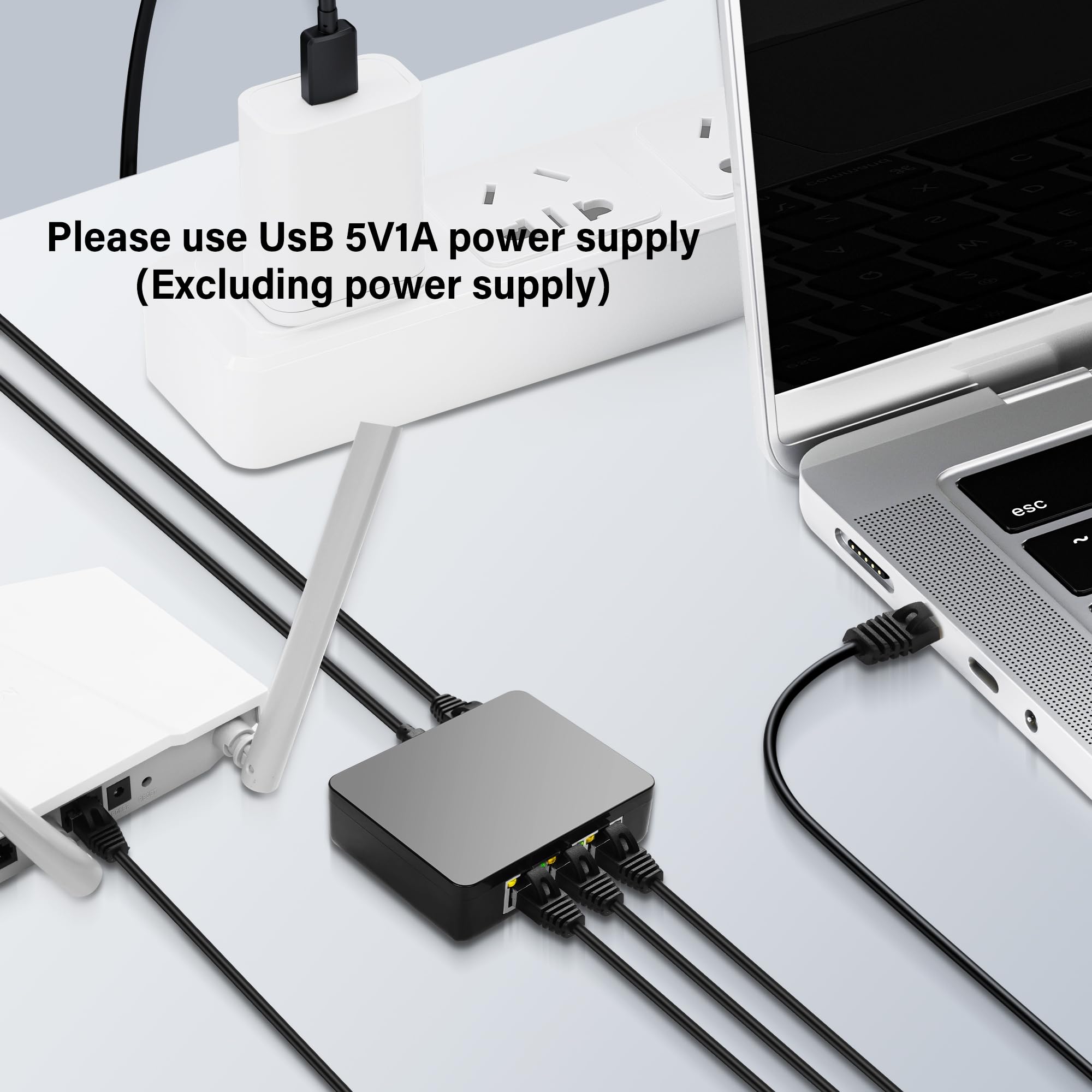 Splitter Ethernet RJ45 Da 1 A 2 - Adattatore Di Rete Gigabit 1000 Mbps, Plug & Play, Con Alimentazione USB, Per Cavi Cat5/6/7/8