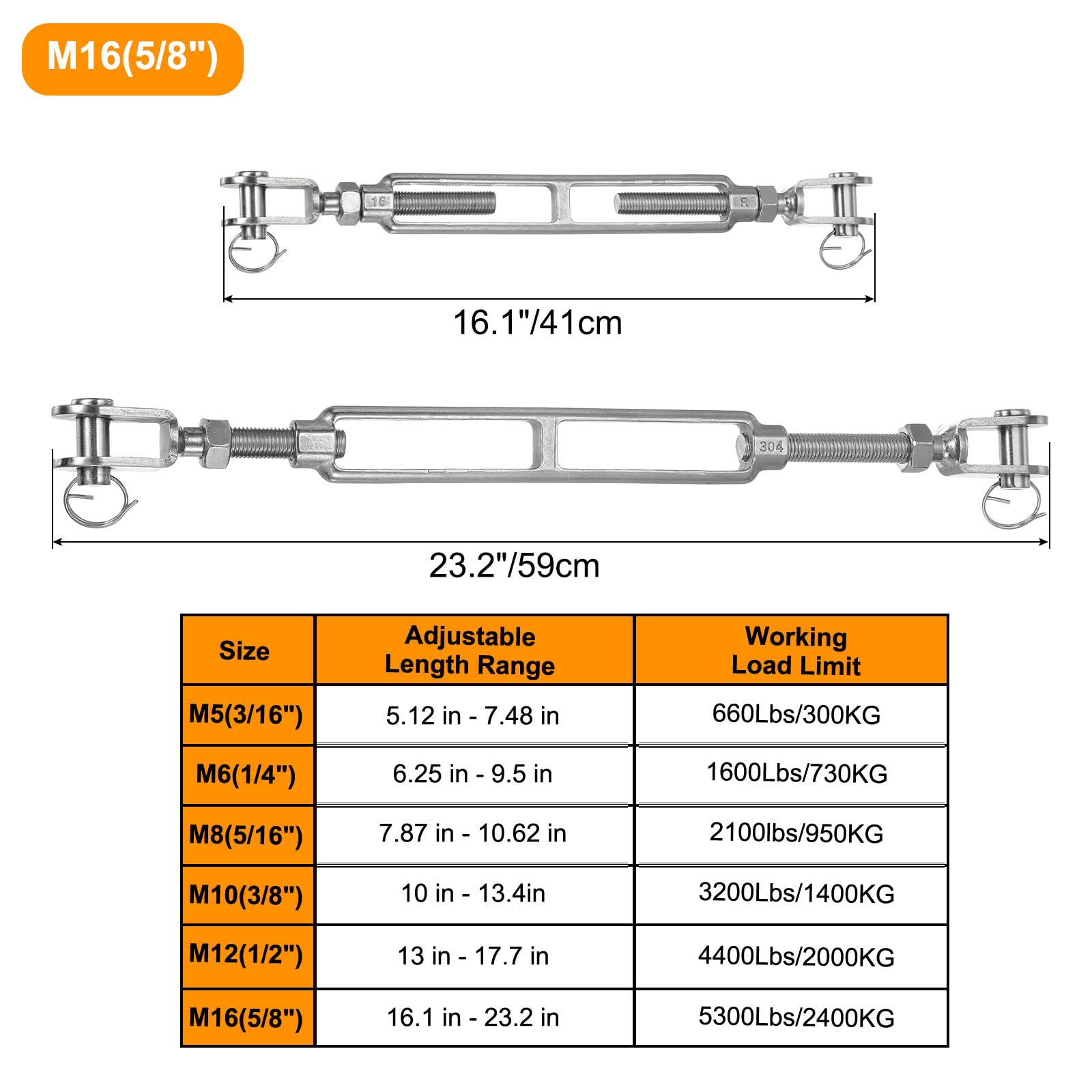 sourcing map 2 tensores M16 (5/8 pulgadas) de mandíbula y mandíbula tensores de cuerda de alambre, tensor de cable ajustable de acero inoxidable 304 para vela de sombra, tendedero, límite de carga de