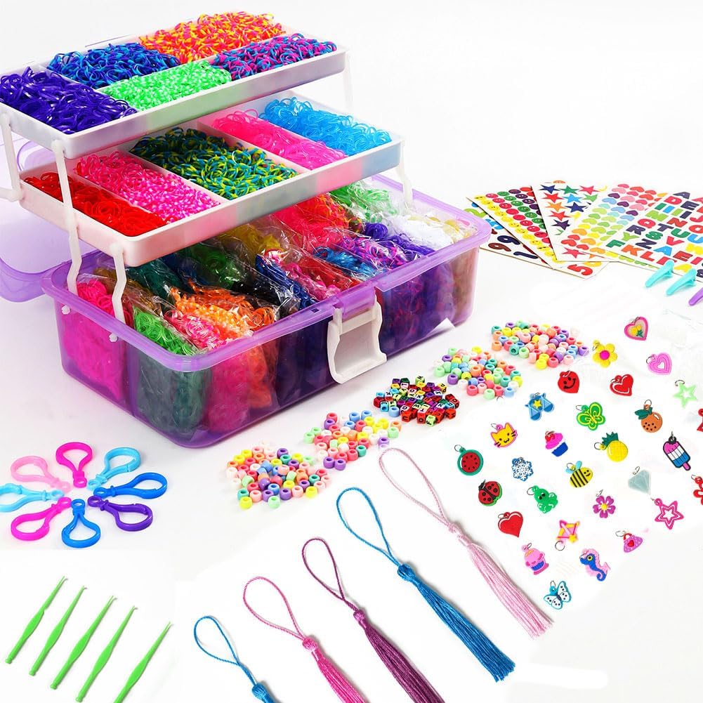 YITOHOP 15000+ Rubber Loom Bands, Mega Rubber Bands Bracelet Kit,Loom Bracelet Making Kit with 3 Layer Container,30 Colors,380 Beads,30 Charms,Clips, Hooks Tools for DIY Art Holiday Gift