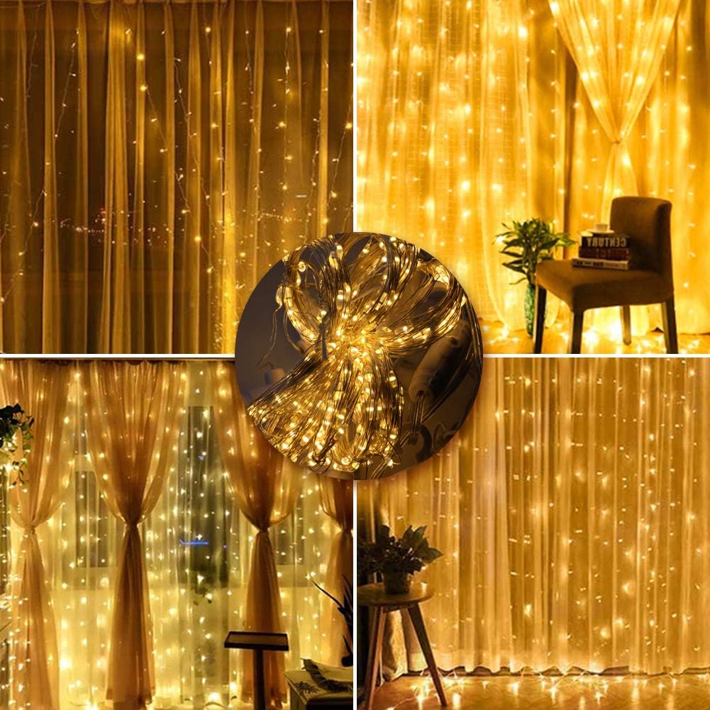 haffy Curtain Lights 300 Led Window Curtain String Light with 8 Modes Remote Control Curtain Fairy Lights USB Powered for Christmas Party Wedding Bedroom Home Garden Window Decor (Warm White)