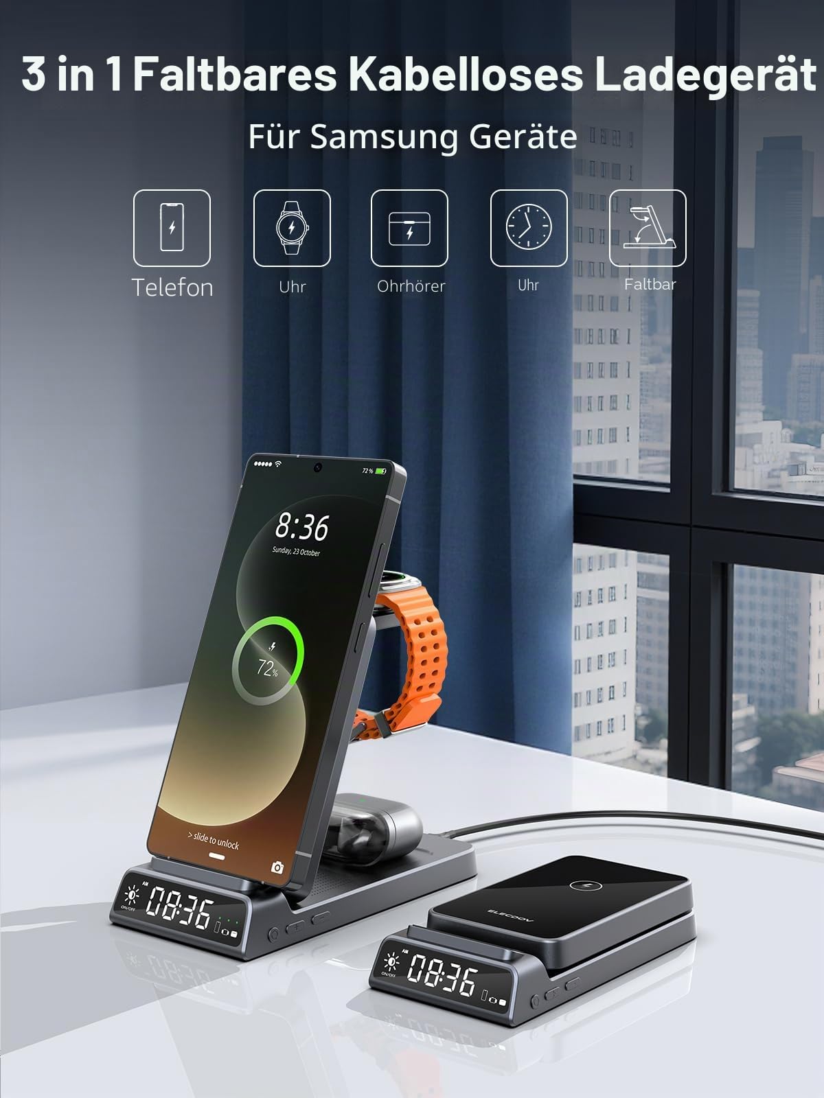 3 in 1 Drahtloses Ladegerät für Samsung Ladestation mit Uhr, Faltbare, Grau