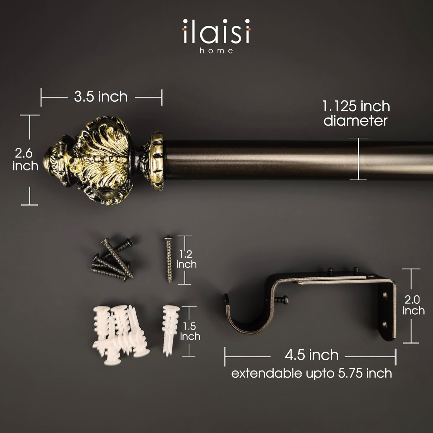 1-1/8 Inch Diameter Dark Bronze Curtain Rods with Carved Acanthus Leaves Finial, 36-72'' Telescoping Single Curtain Rods for window width 24-68 inch, 1 pack