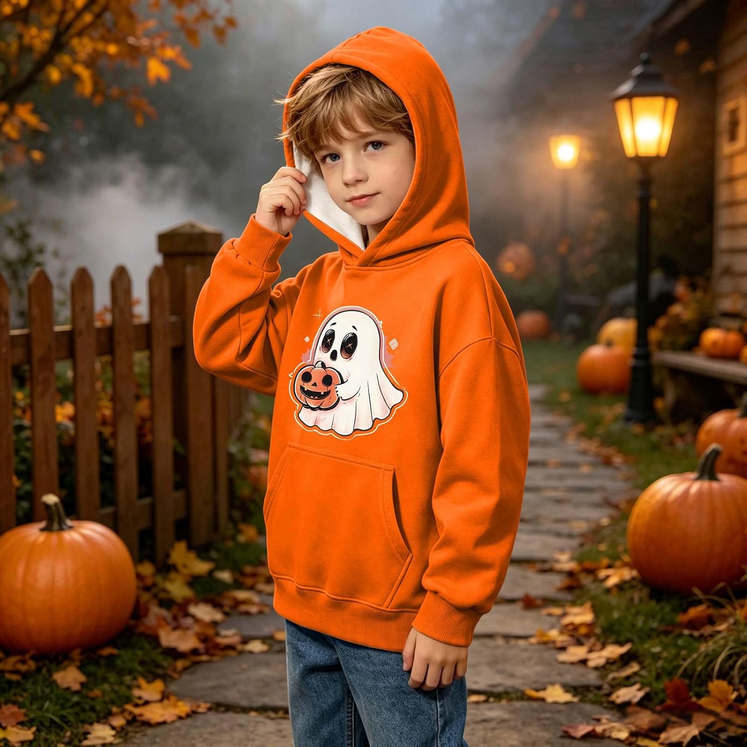 Girls Smiling Cute Ghost Pumpkin Fall Halloween Hoodie Sweatshirt