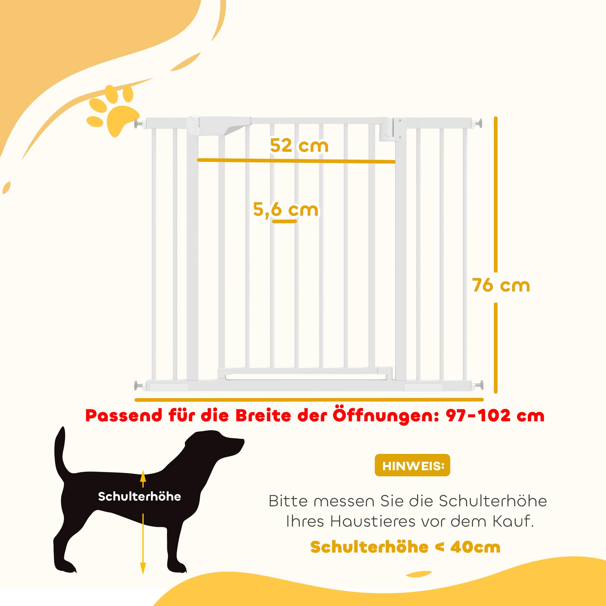 PawHut Treppenschutzgitter Ohne Bohren mit Verlängerung 76-102 x 76 cm Weiß | Absperrgitter, Hund Schutzgitter, Türschutzgitter, Automatische Schließung, Beidseitige Einhand Öffnung, für Kinder