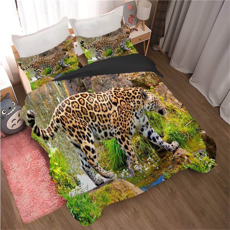 Housse de Couette 140x200 Léopard Vert Anti-Plis sans Repassage pour Lit Simple