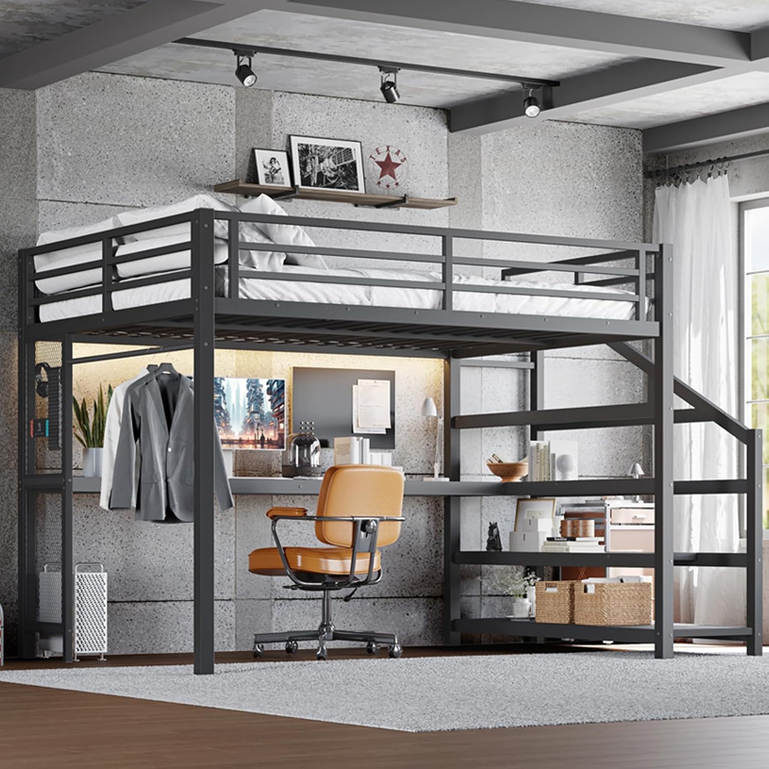 Queen Size Loft Bed with Desk and Storage Stairs,Metal Heavy Duty Loft Bed Queen Size with LED Light, Charging Station, LoftBed Frames for Teens, Adults, No Box Spring Needed