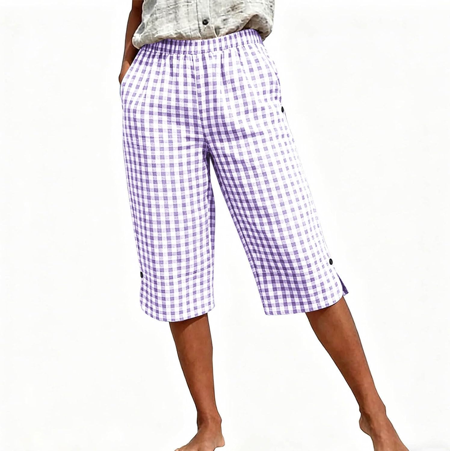 Gingham Capri Pants for Women Loose Fit Straight Leg Drawstring Elastic Waist Cropped Pant Casual Summer Clothes