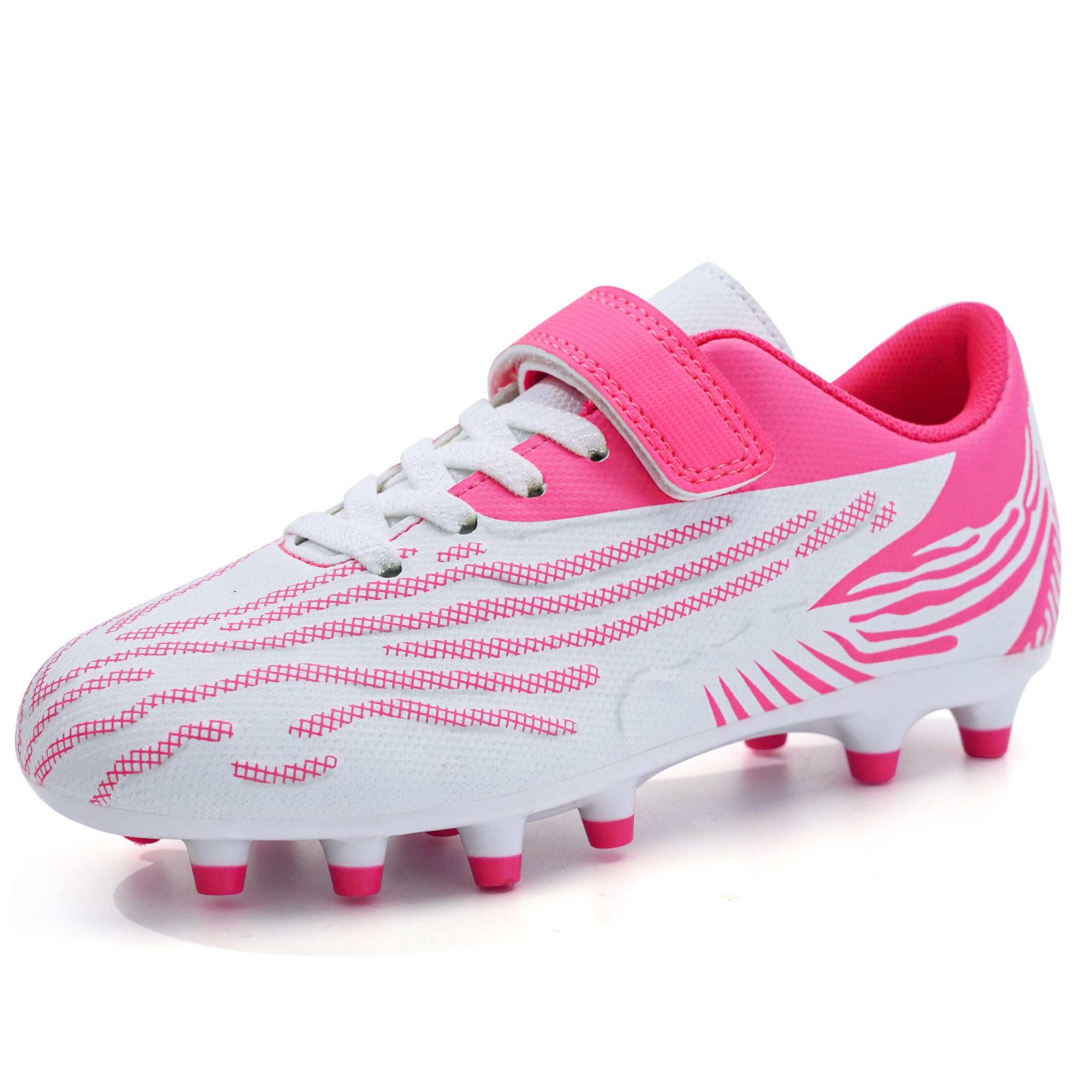 brooman Kids Firm Ground Soccer Cleats Boys Girls Athletic Football Shoes (2,White Pink)