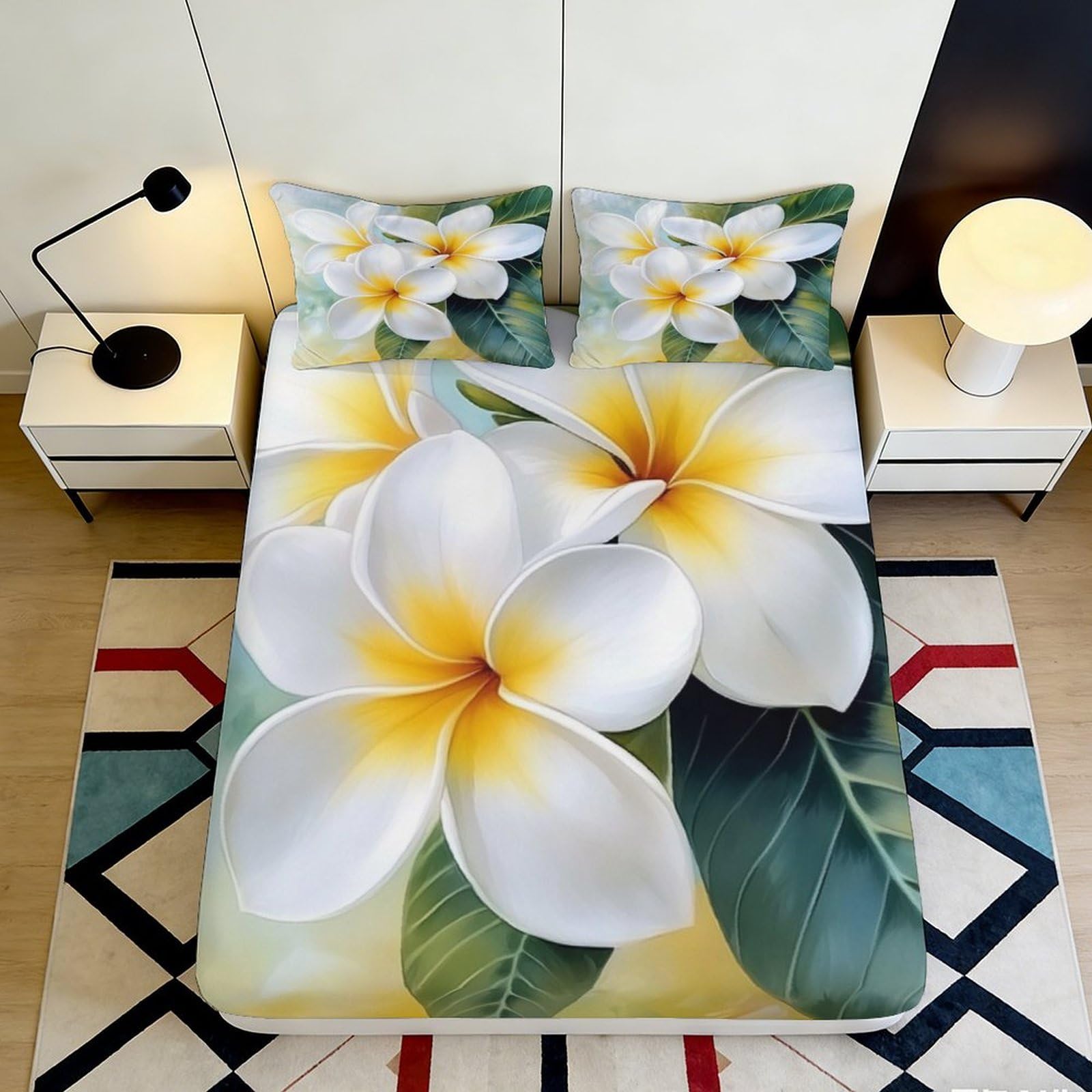 3D Printed Plumeria Flower Fitted Sheet Microfiber Soft Anti-Slip Tropical Leaf Bed Cover for Bedroom Guest Room Decor 90x200x25cm