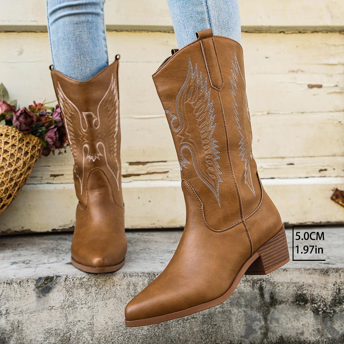Cowboy Boots for Women Embroidered Stitching Chunky Stacked Heel Cowgirl Boots Snip Toe Slip On Mid Calf Western Boots with Pull Tabs