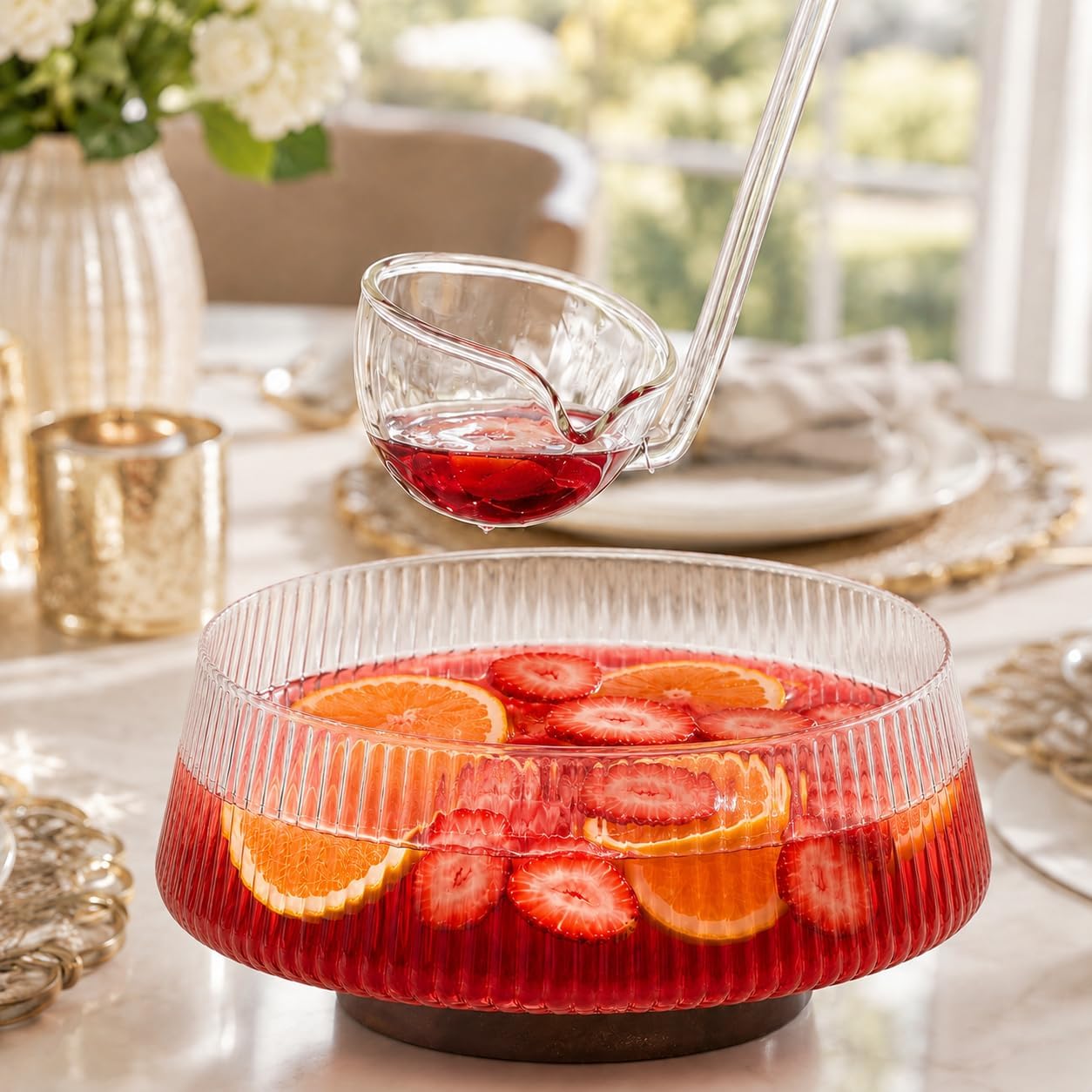 Large Glass Punch Bowl Set with Glass Ladle and Wooden Base, Clear Ribbed Serving Bowl for Drinks, Fruit, Candy, Salad, Parties and Daily Use