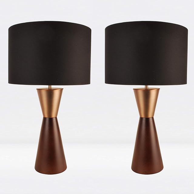 firstchoicelighting Set of 2 Contemporary Dark Wood & Copper Detail Table Lamp or Bedside Lights with Black Shades