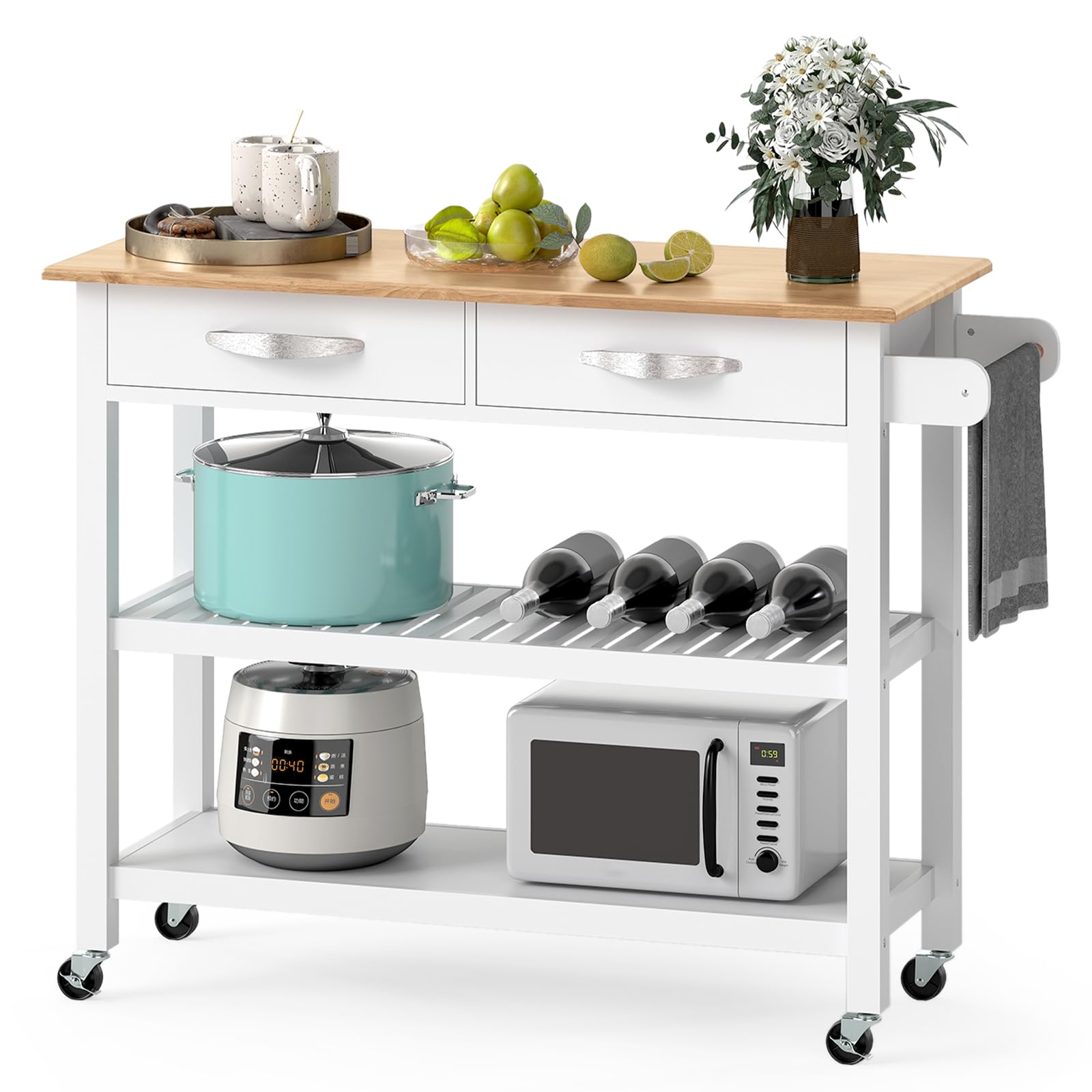 RELAX4LIFE Carrello Cucina Salvaspazio con Ruote in Legno, con 2 Cassetti, 2 Ripiani Aperti e Maniglia Laterale, Facile da Spostare, Stile Rustico, Naturale (BIANCO)