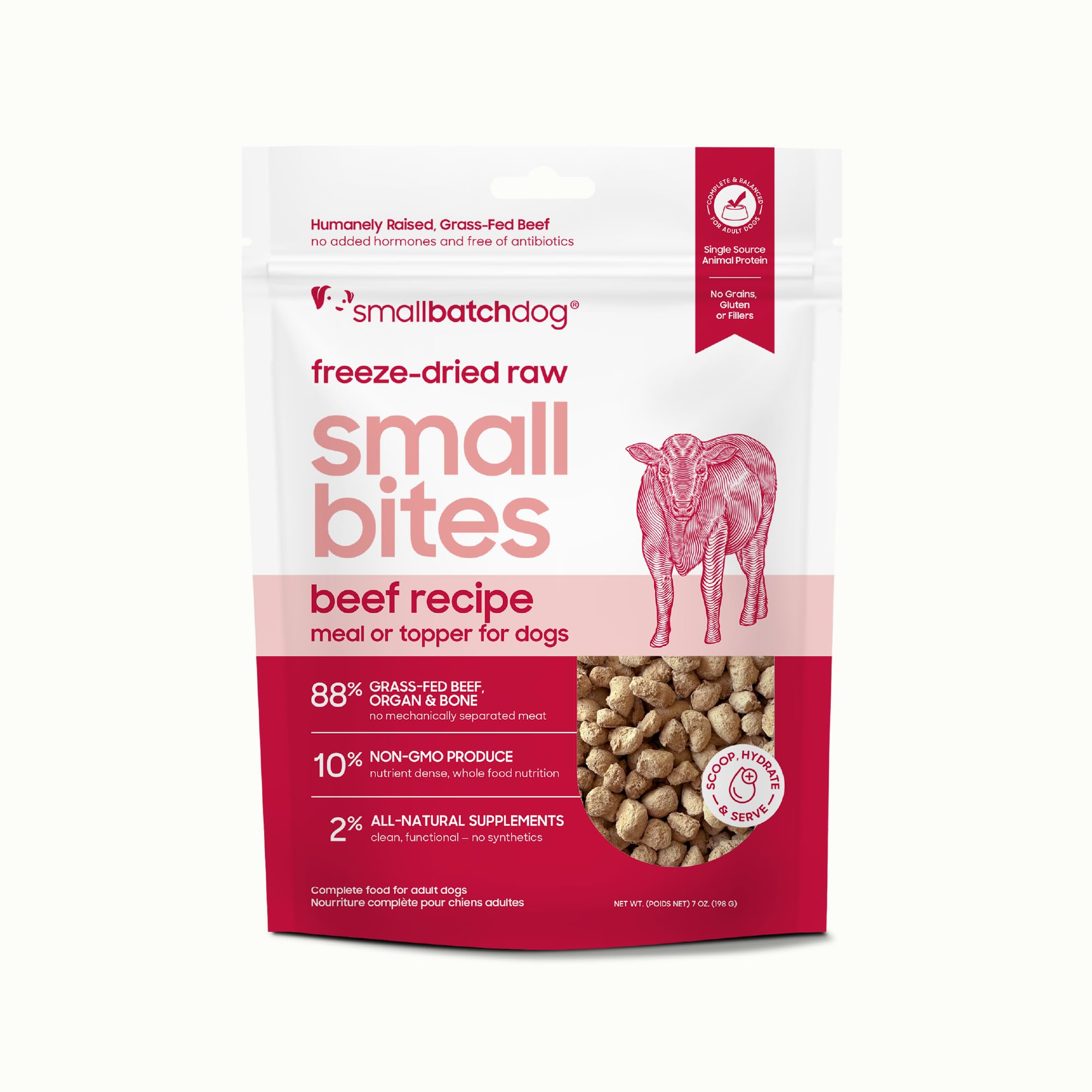 smallbatch Freeze-Dried Beef Dog Food – Grain Free, Organic Produce – Raw Dehydrated Beef Small Bites, High Protein Complete Meal or Topper – Humanely