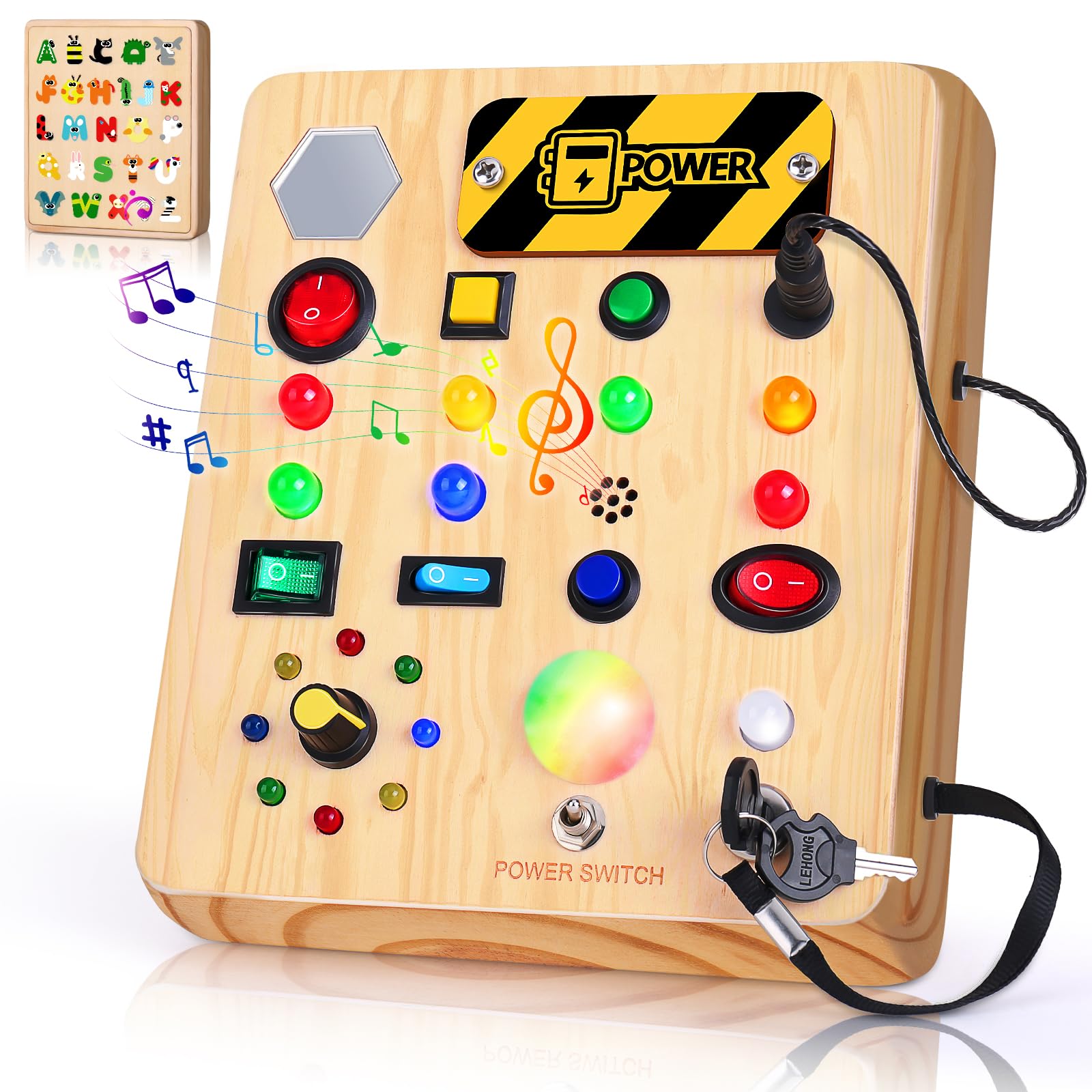 TINTECUSA Busy Board with LED Light, Wooden Sensory Toys for Toddler, Montessori Music Toy for Airplane, Travel Activity Educational Learning Autism Toys, Birthday Boys Girls Gifts