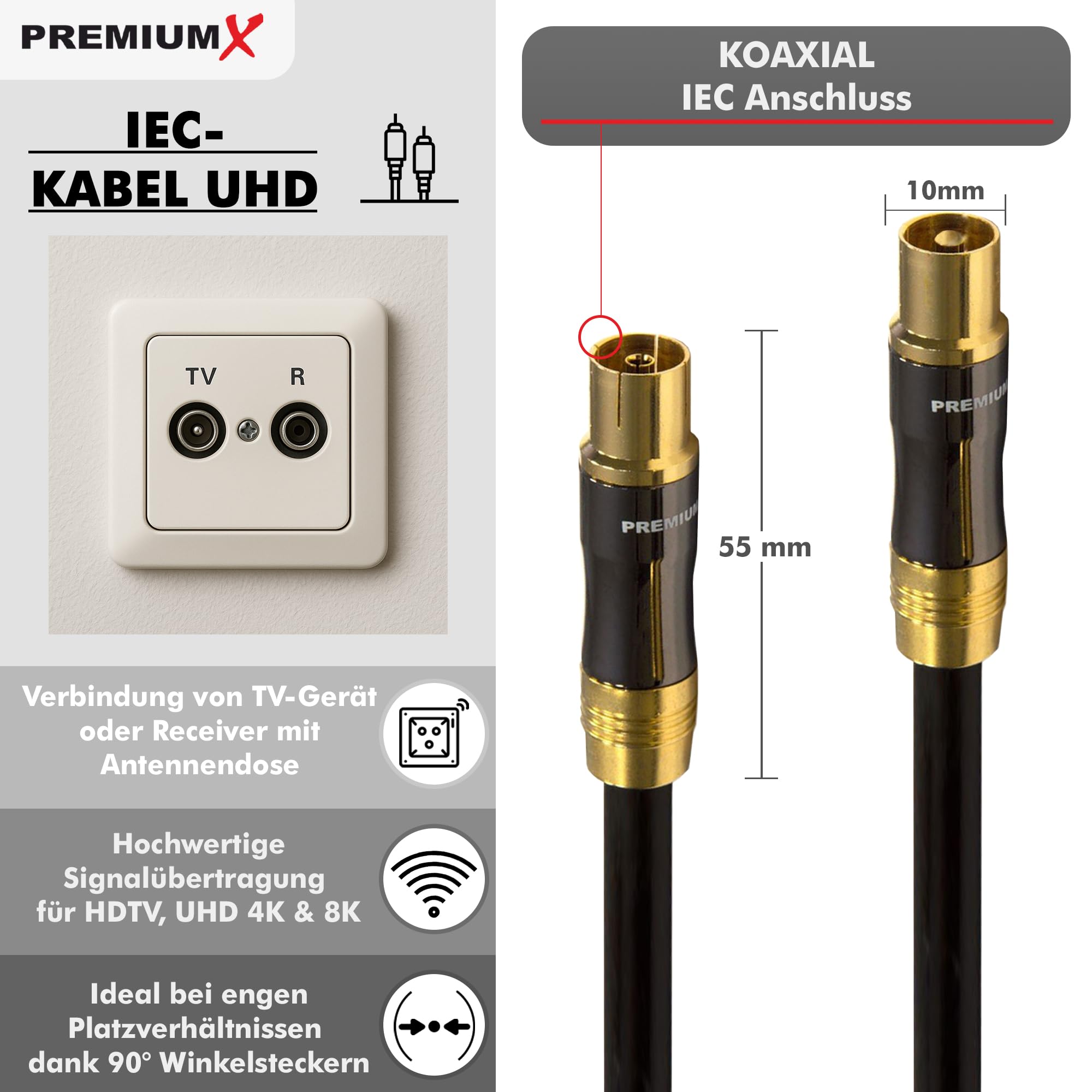 Premium X Cavo Antenna TV Gold-Line 1m Nero - Cavo Coassiale in Rame ad Alta Efficienza, da Connettore IEC a Presa, Ideale per HDTV 4K, Schermatura 135dB, Contatti Dorati
