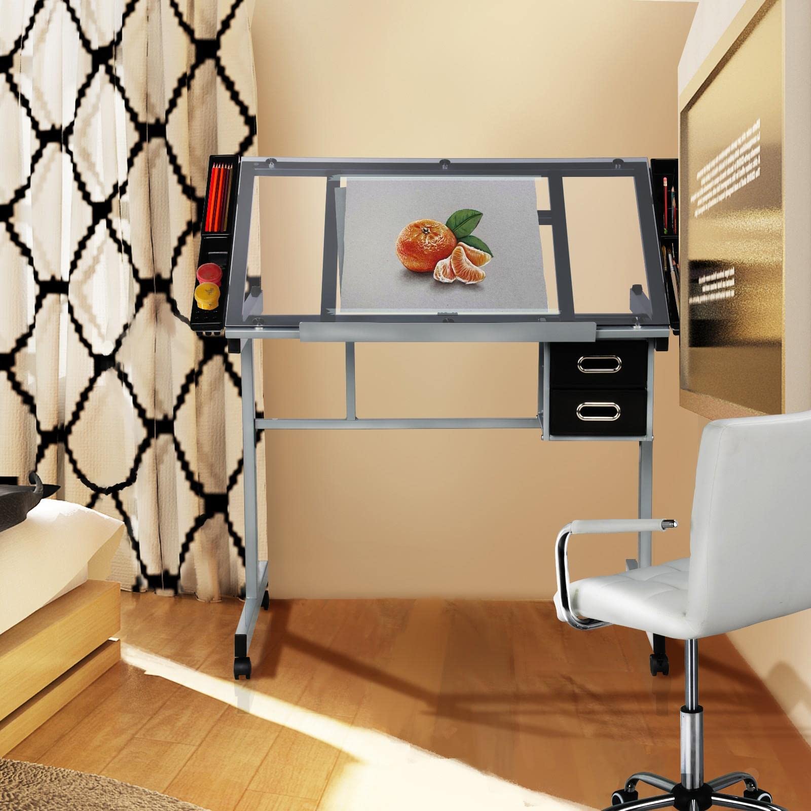 Yaheetech Tavolo da Disegno Inclinabile Scrivania con Piano in Vetro Regolabile Struttura in Acciaio Mobile Studio con Cassetti a Doppio Uso per Arte Pittura Design Lavoro Altezza Regolabile